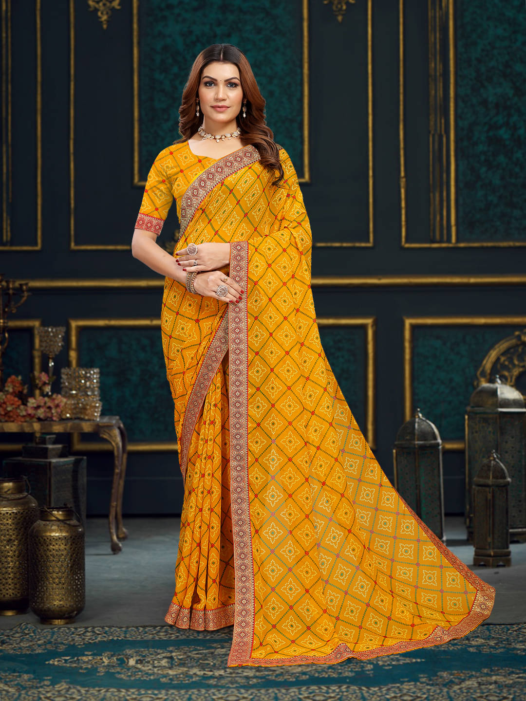 Maayro Georgette Printed Saree With Unstitched Blouse Piece ( Yellow ) Maayro Georgette Printed Saree With Unstitched Blouse Piece ( Yellow )