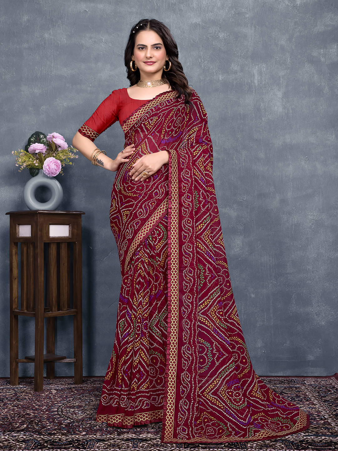     			Maayro Georgette Printed Saree With Unstitched Blouse Piece ( Maroon )