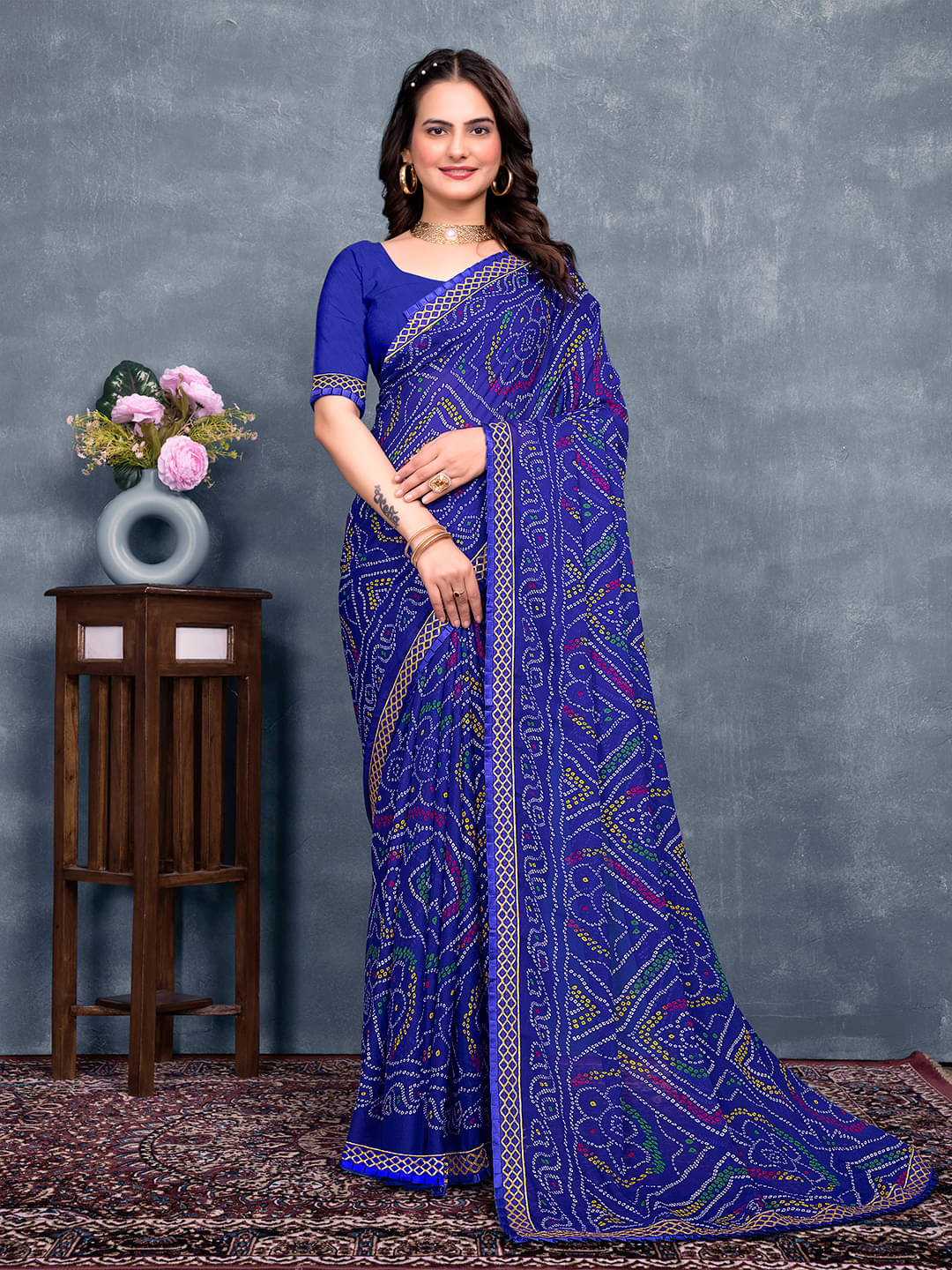     			Maayro Georgette Printed Saree With Unstitched Blouse Piece ( Blue )