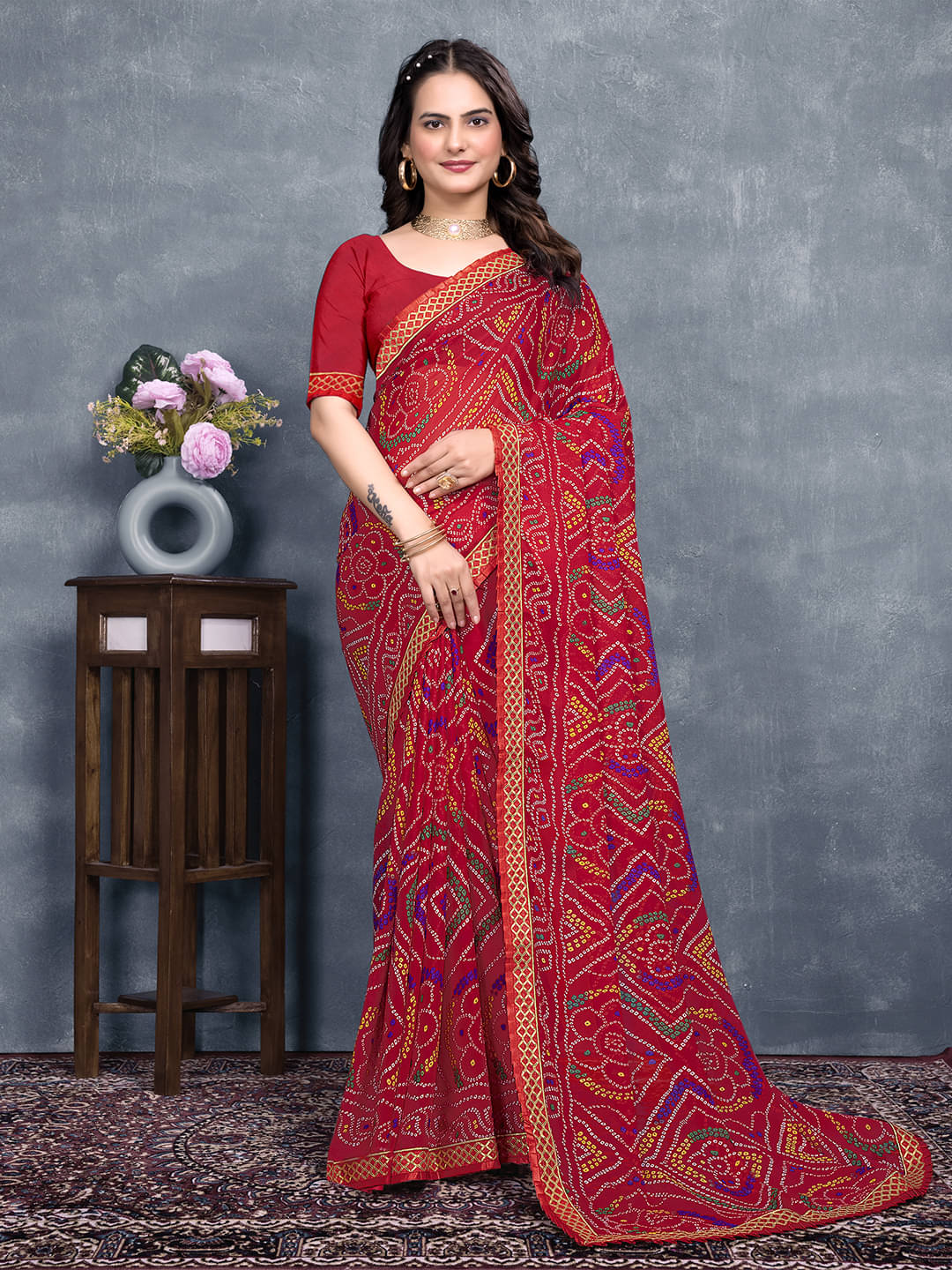 Maayro Georgette Printed Saree With Unstitched Blouse Piece ( Red ) Maayro Georgette Printed Saree With Unstitched Blouse Piece ( Red )