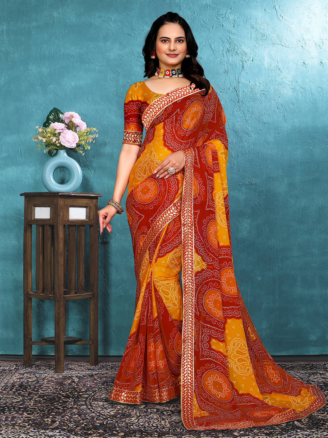 Maayro Georgette Printed Saree With Unstitched Blouse Piece ( Red ) Maayro Georgette Printed Saree With Unstitched Blouse Piece ( Red )