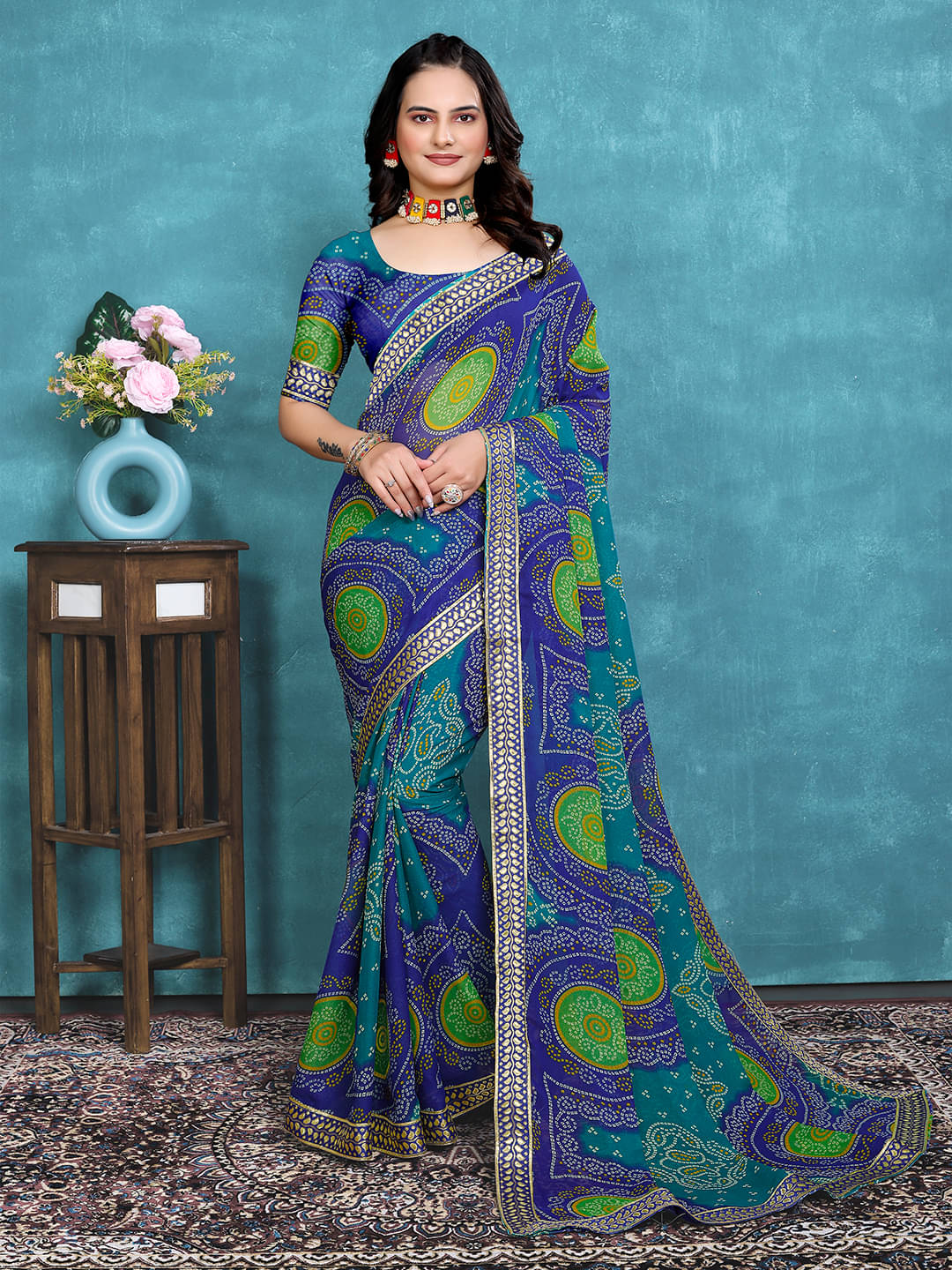     			Maayro Georgette Printed Saree With Unstitched Blouse Piece ( Blue )