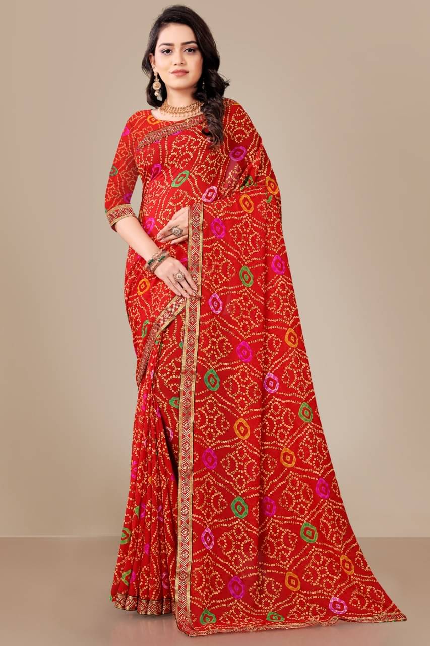     			Maayro Georgette Printed Saree With Unstitched Blouse Piece ( Red )