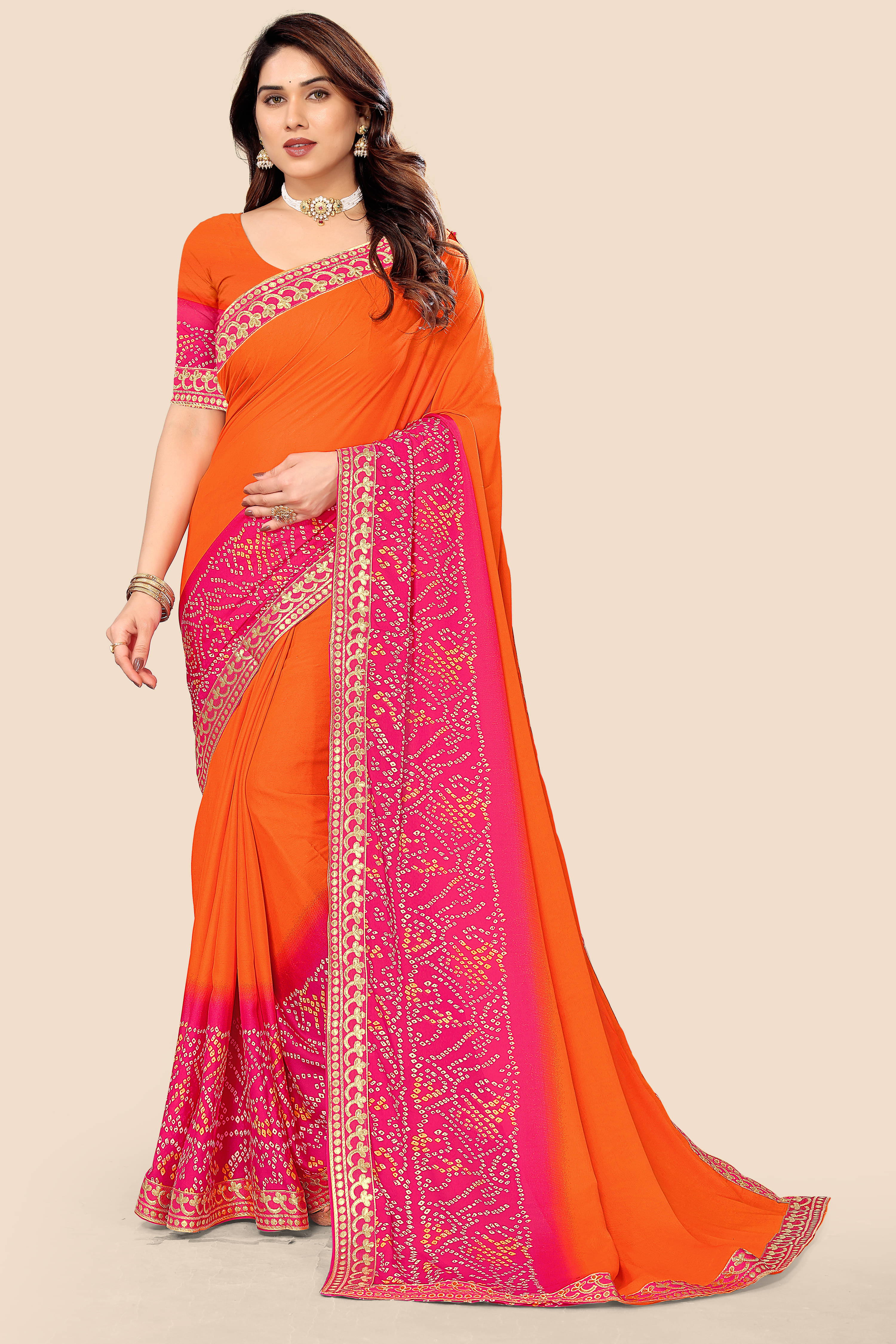Maayro Georgette Printed Saree With Unstitched Blouse Piece ( Orange ) Maayro Georgette Printed Saree With Unstitched Blouse Piece ( Orange )