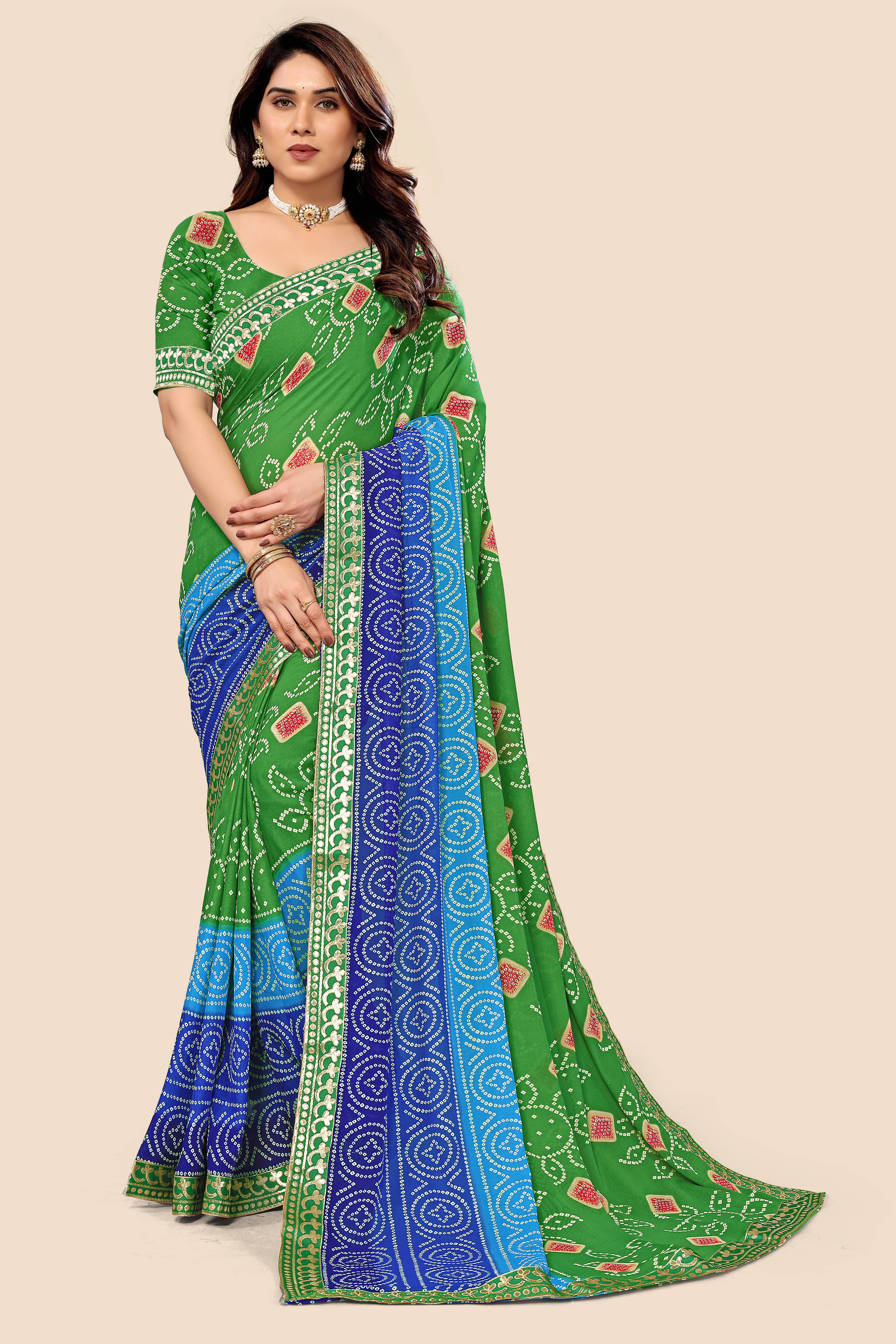     			Maayro Georgette Printed Saree With Unstitched Blouse Piece ( Green )