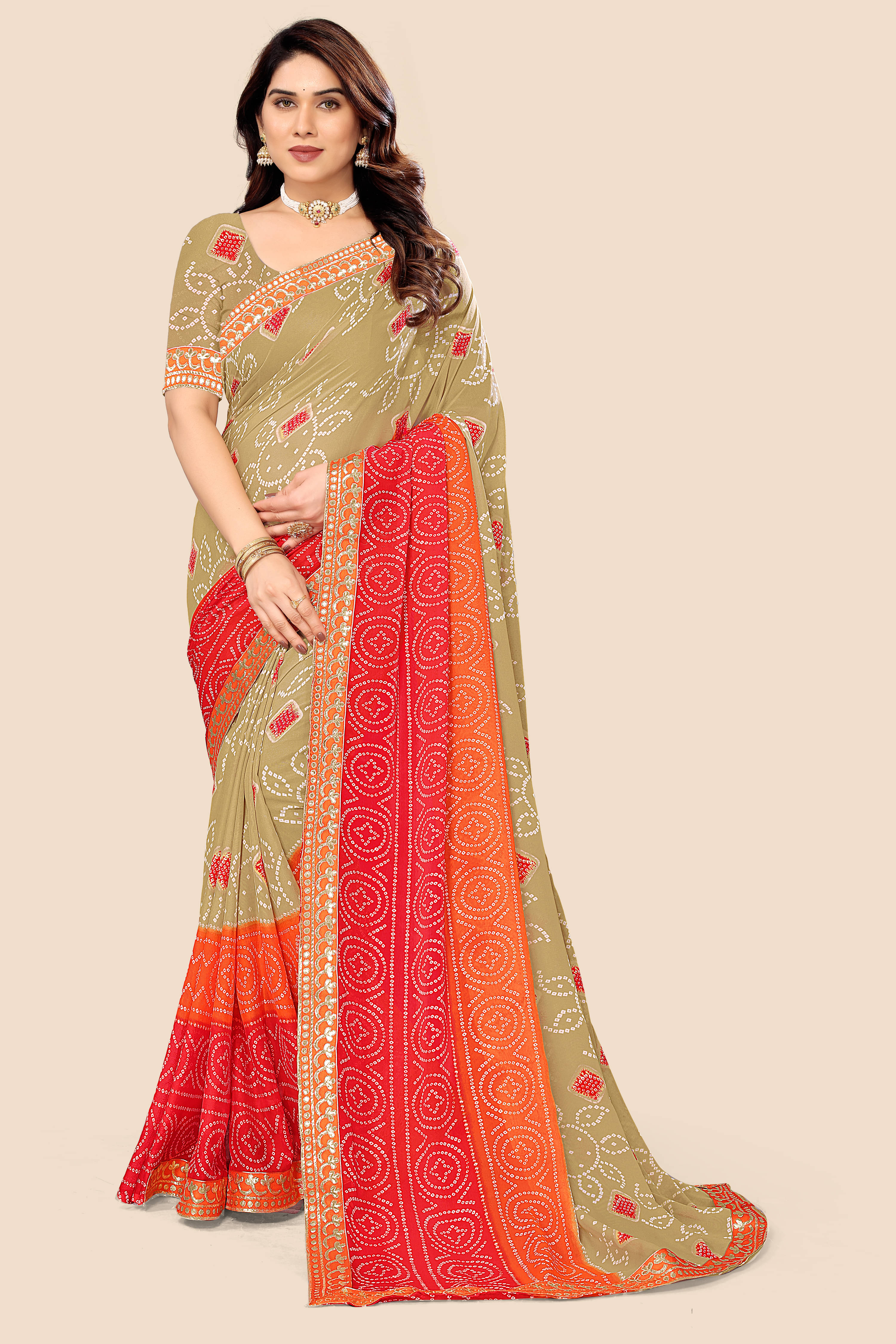     			Maayro Georgette Printed Saree With Unstitched Blouse Piece ( Beige )