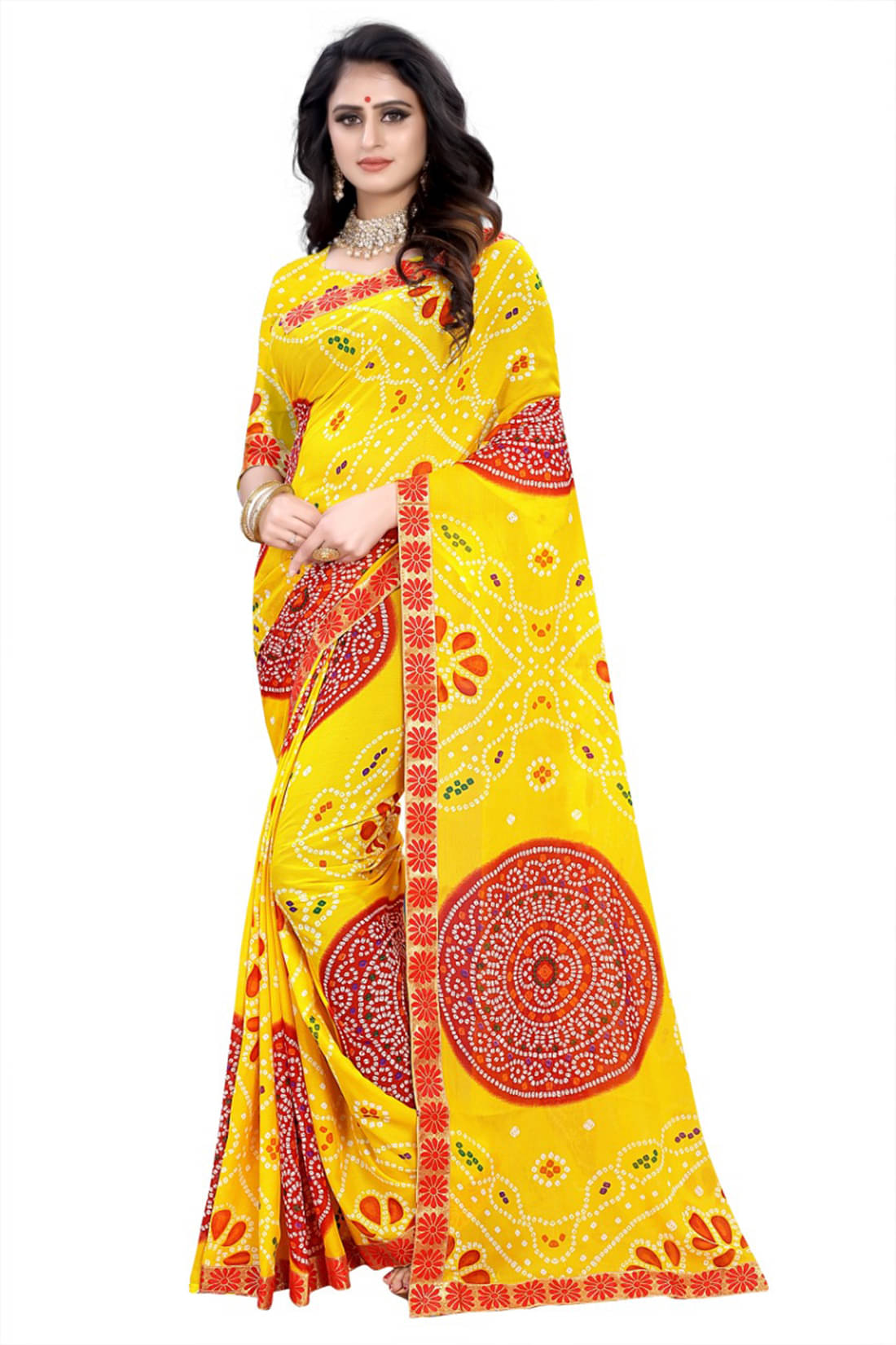     			Maayro Georgette Printed Saree With Unstitched Blouse Piece ( Yellow )
