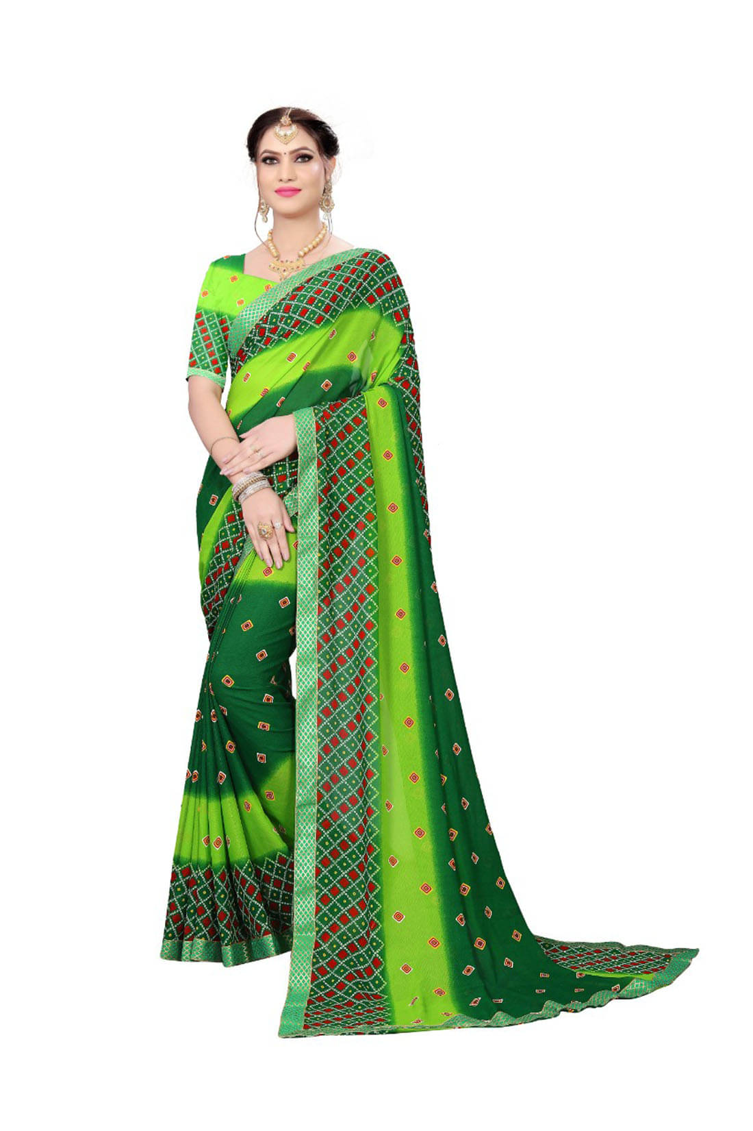     			Maayro Georgette Printed Saree With Unstitched Blouse Piece ( Green )