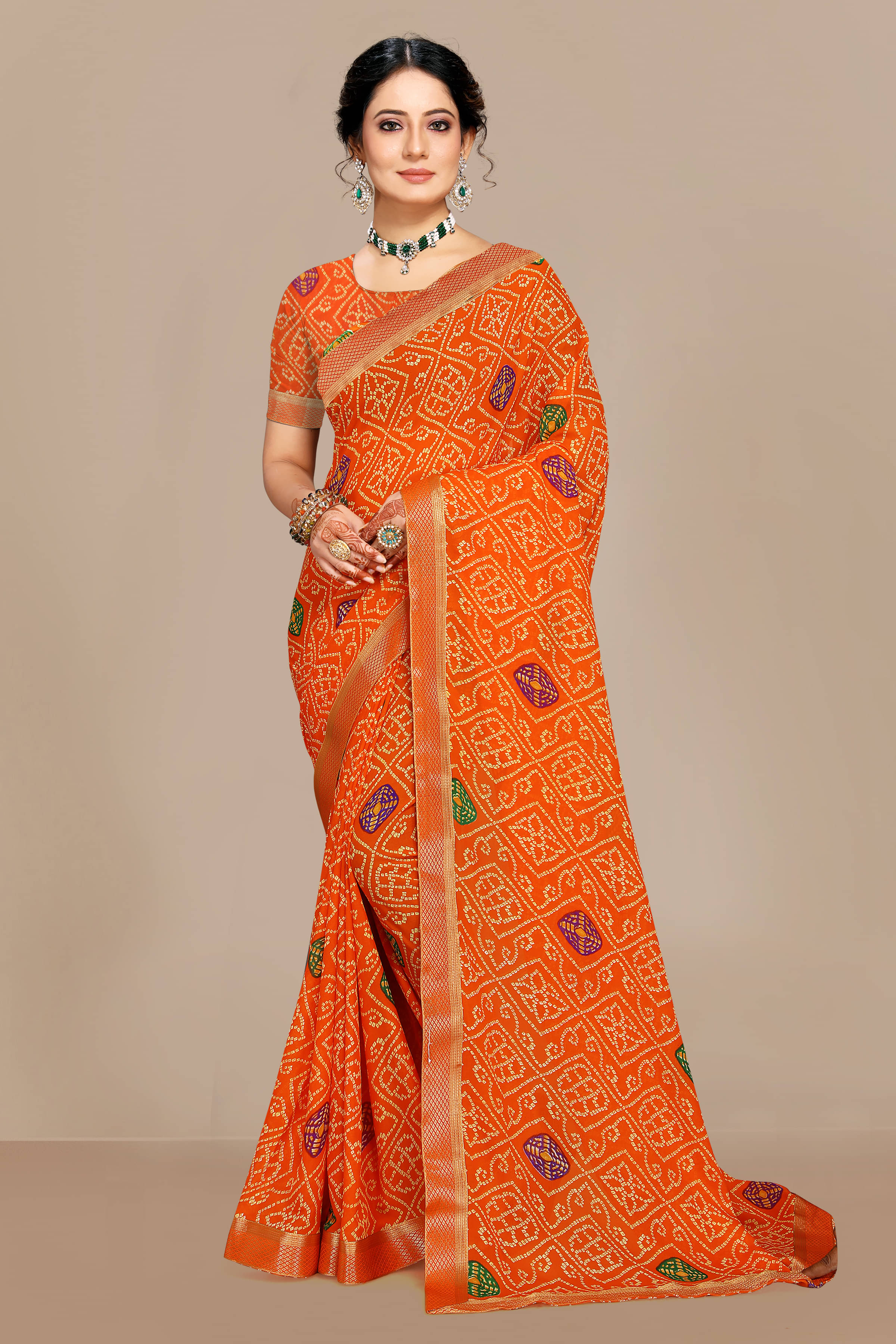 Maayro Georgette Printed Saree With Unstitched Blouse Piece ( Orange ) Maayro Georgette Printed Saree With Unstitched Blouse Piece ( Orange )