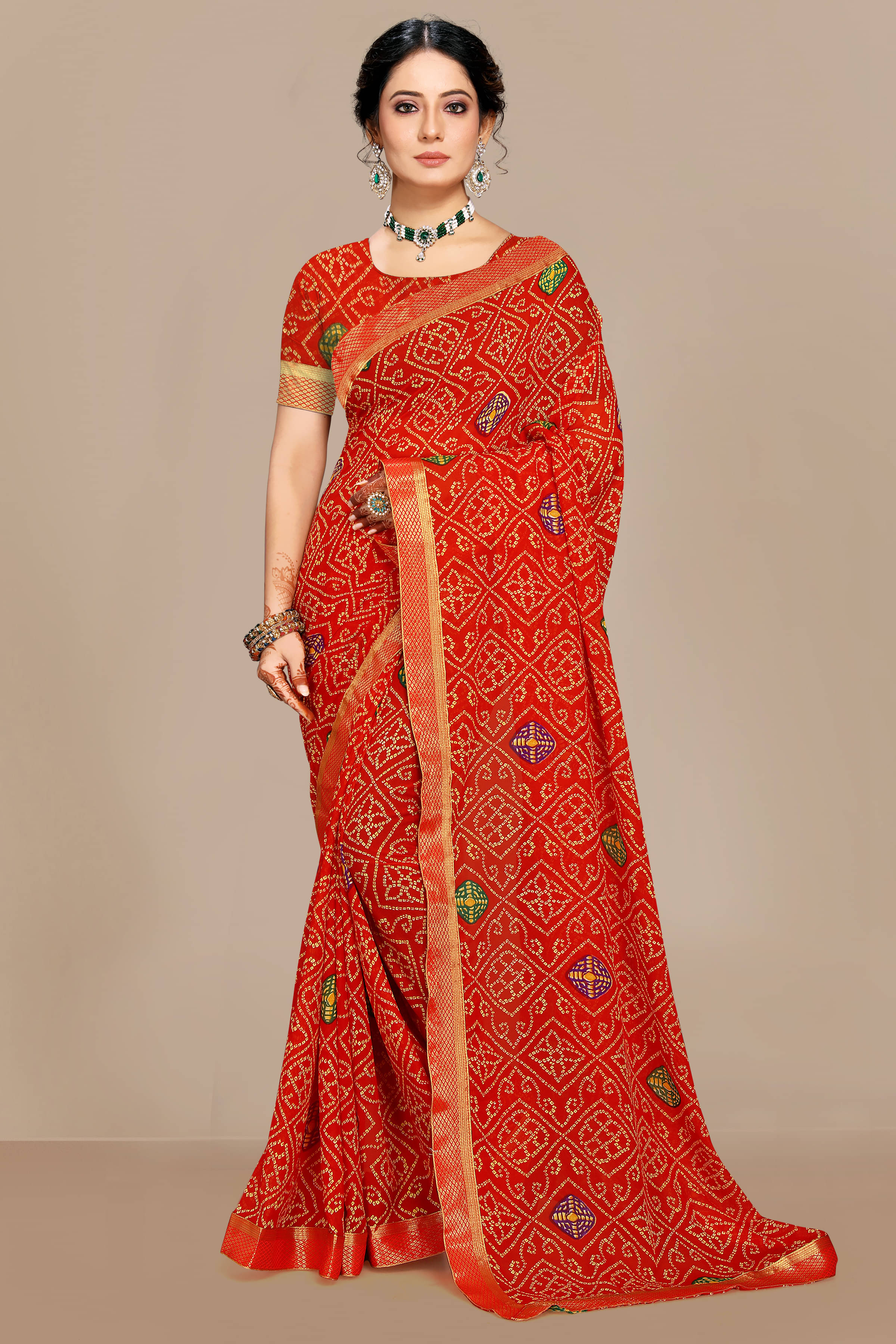     			Maayro Georgette Printed Saree With Unstitched Blouse Piece ( Red )