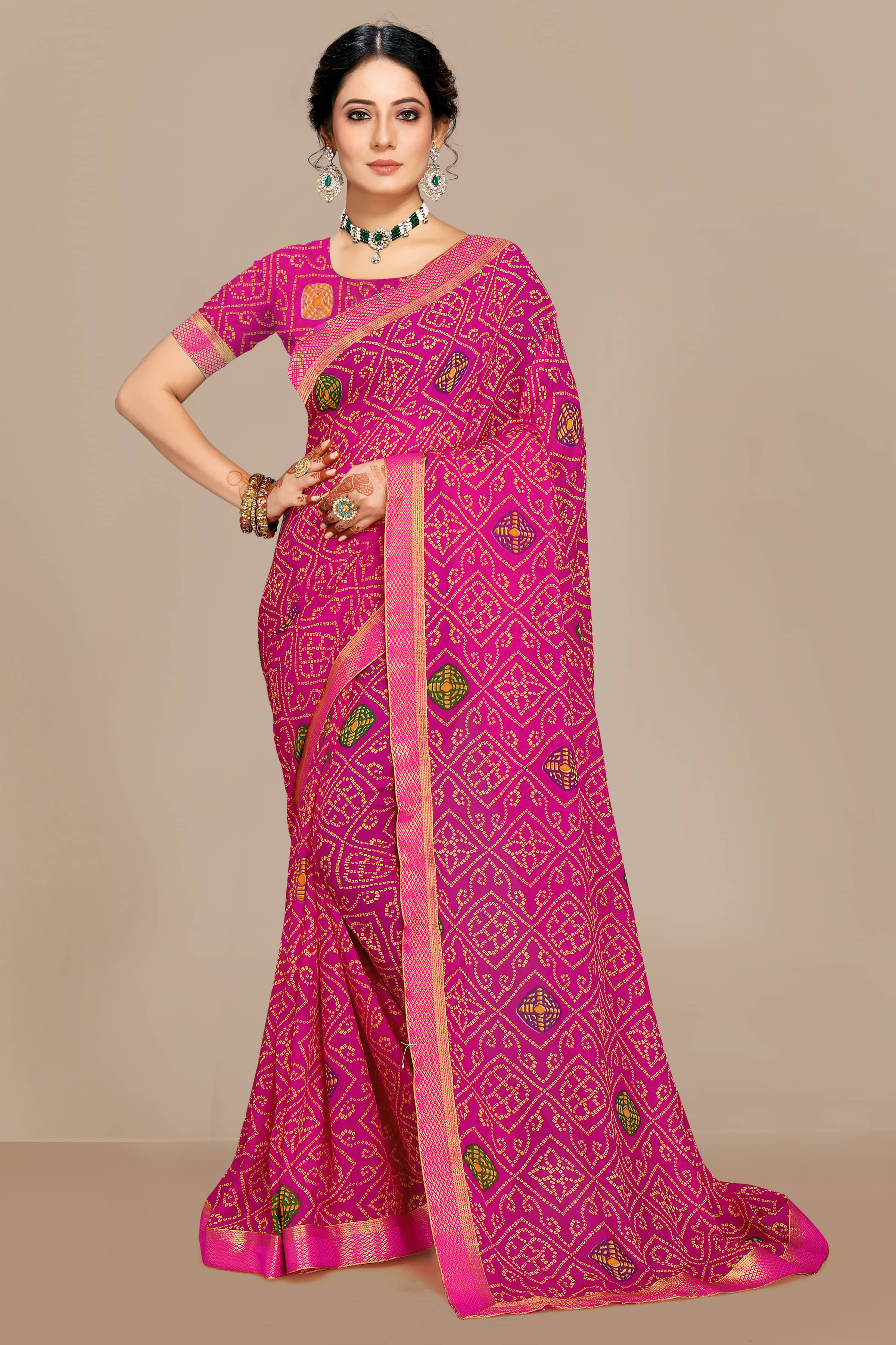     			Maayro Georgette Printed Saree With Unstitched Blouse Piece ( Pink )