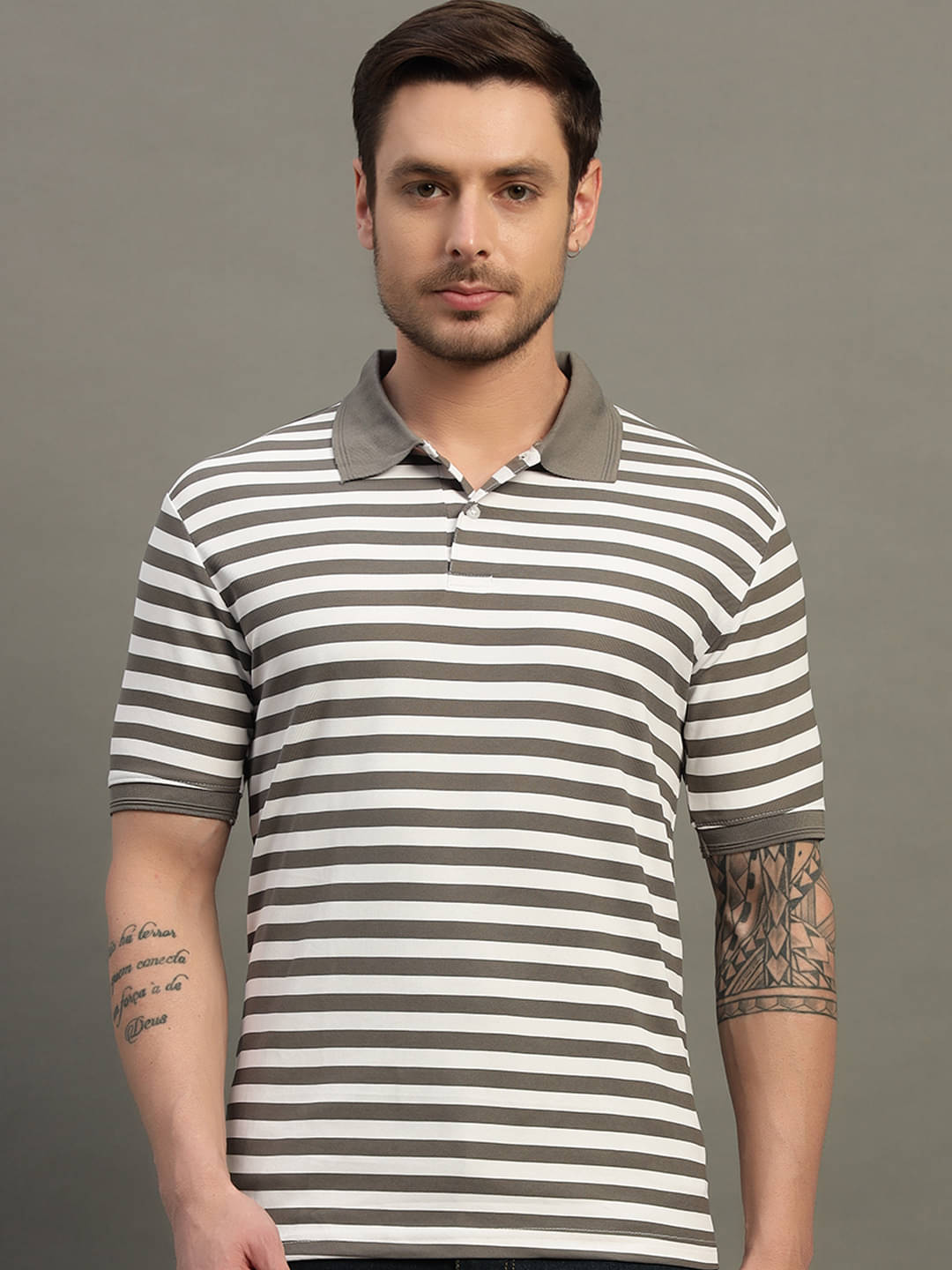     			Nuovo Men Cotton Blend Regular Fit Striped Polo T Shirt ( Grey )