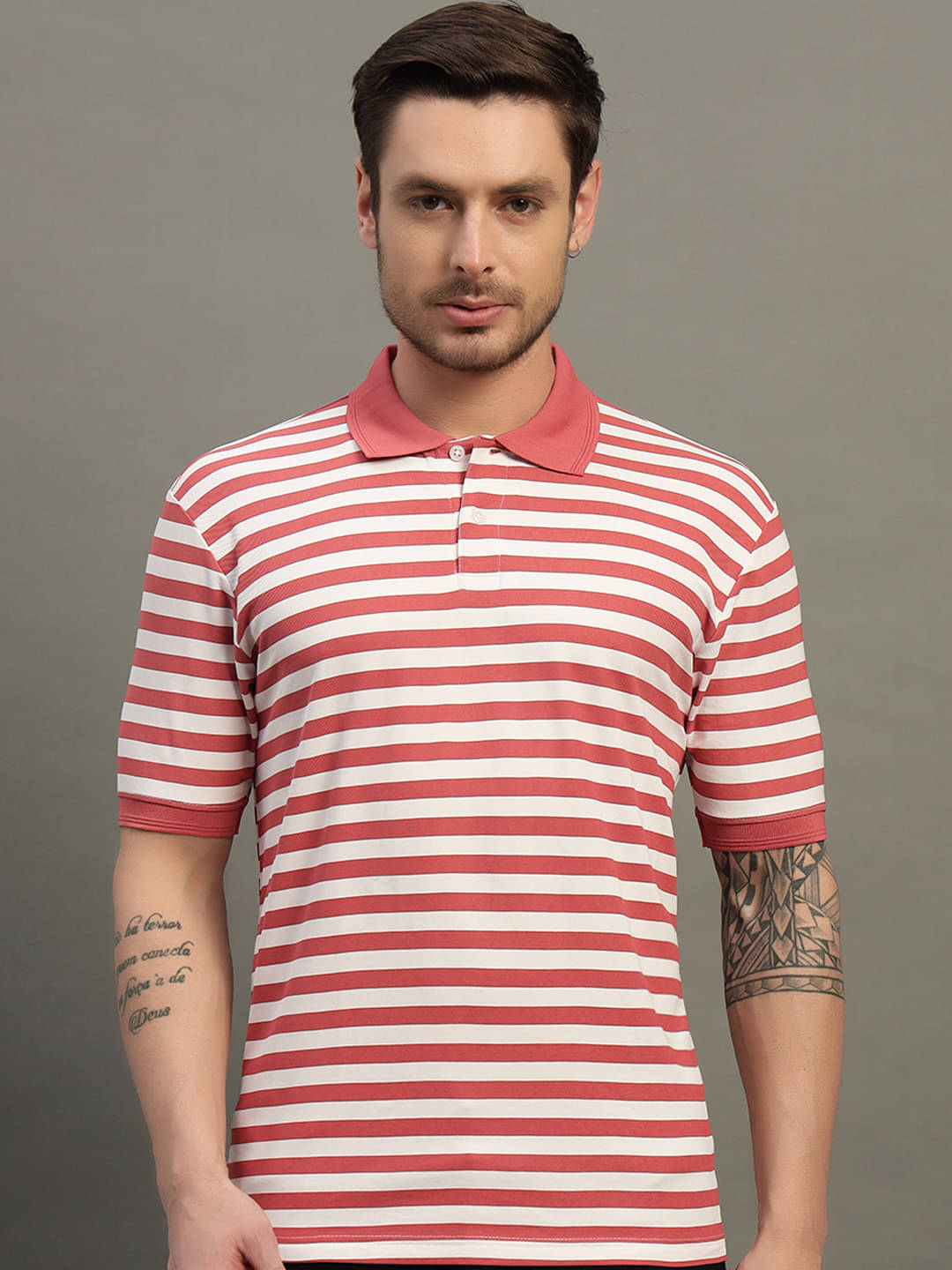     			Nuovo Men Cotton Blend Regular Fit Striped Polo T Shirt ( Pink )
