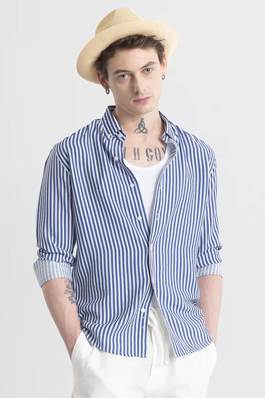 OTUS Cotton Blend Slim Fit Striped Rollup Sleeves Men's Casual Shirt - Dark Blue ( Pack of 1 ) OTUS Cotton Blend Slim Fit Striped Rollup Sleeves Men's Casual Shirt - Dark Blue ( Pack of 1 )