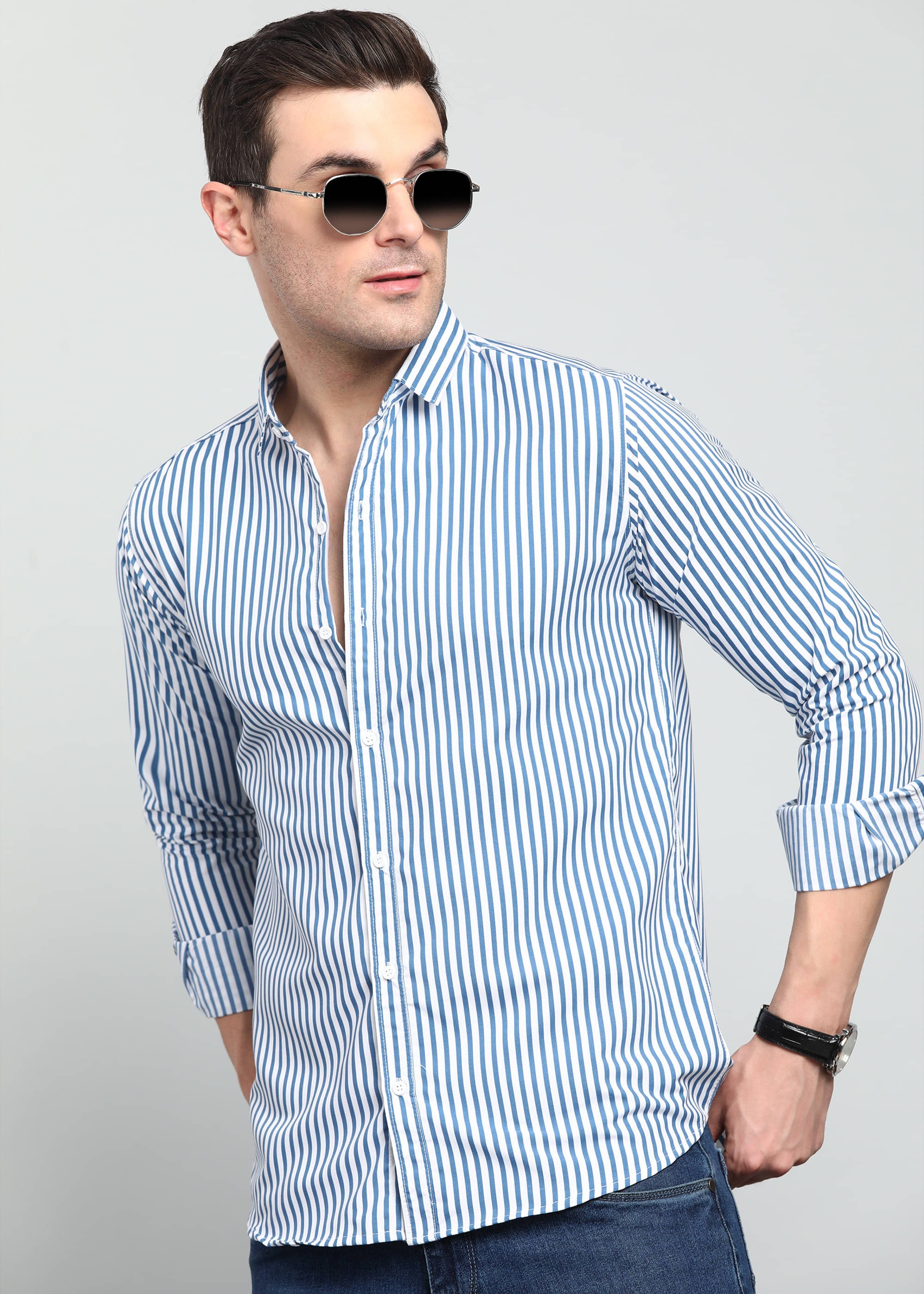 OTUS Cotton Blend Slim Fit Striped Full Sleeves Men's Casual Shirt - Dark Blue ( Pack of 1 ) OTUS Cotton Blend Slim Fit Striped Full Sleeves Men's Casual Shirt - Dark Blue ( Pack of 1 )