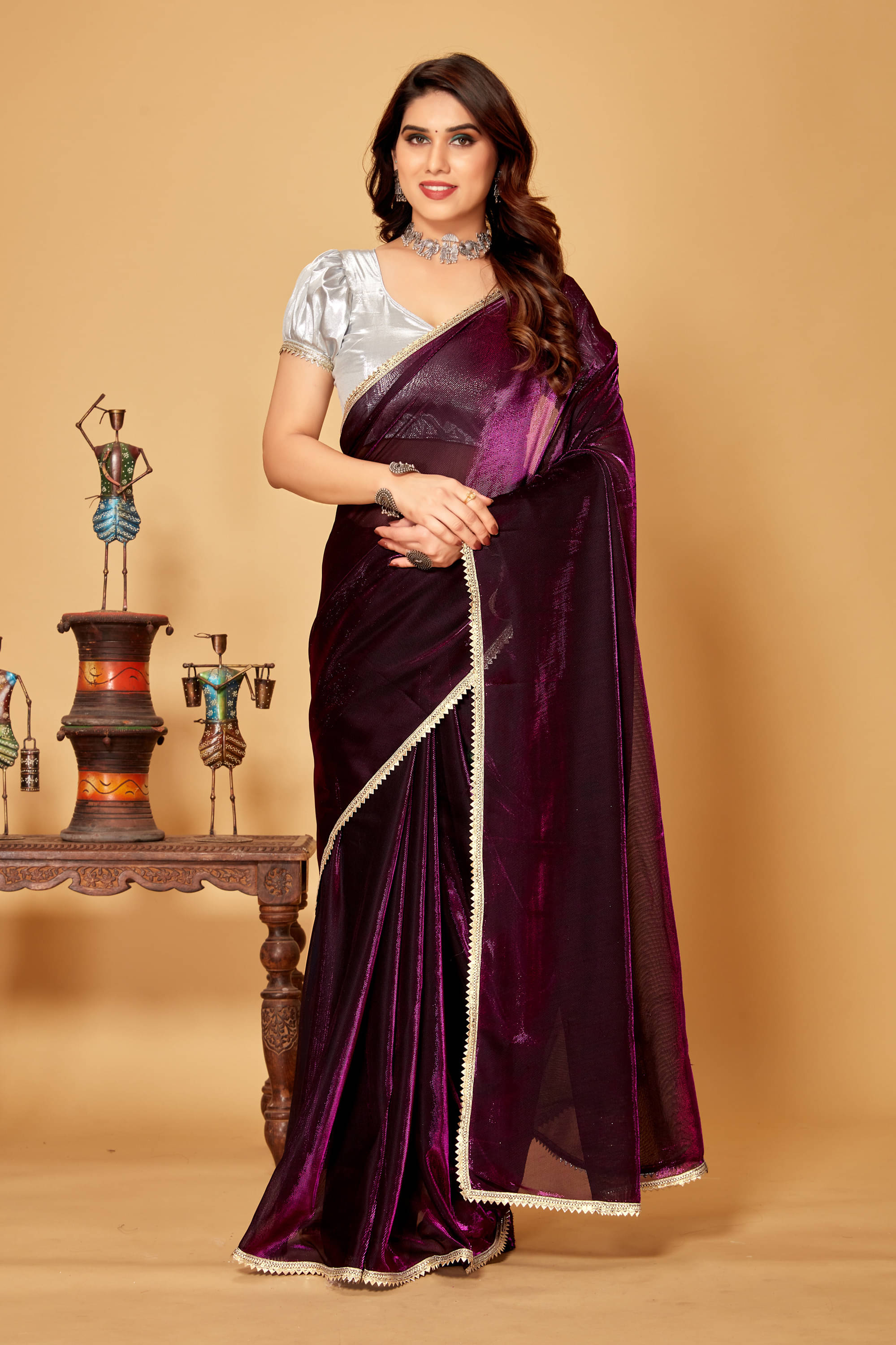 Parmila Fashion Lycra Embellished Saree With Unstitched Blouse Piece ( Wine ) Parmila Fashion Lycra Embellished Saree With Unstitched Blouse Piece ( Wine )