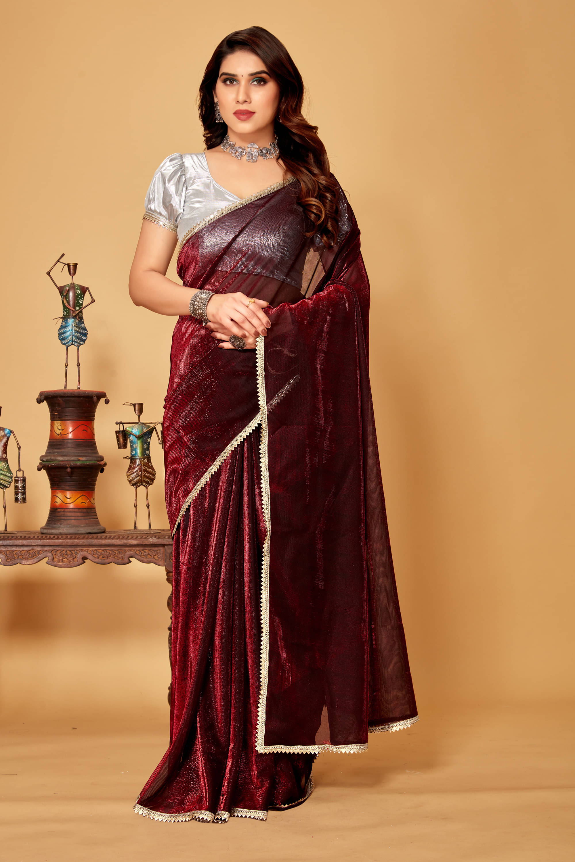     			Parmila Fashion Lycra Embellished Saree With Unstitched Blouse Piece ( Maroon )
