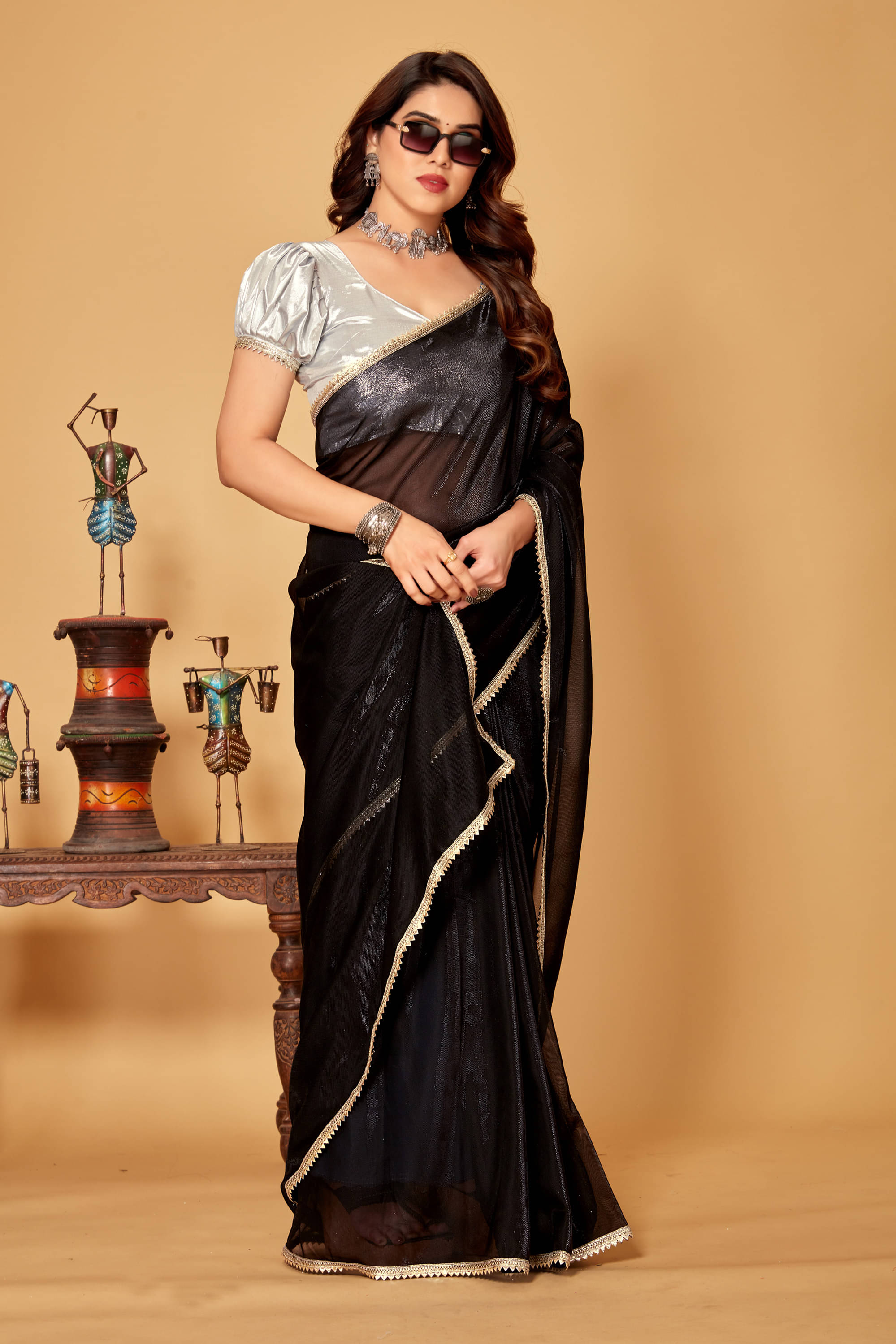 Parmila Fashion Lycra Embellished Saree With Unstitched Blouse Piece ( Black ) Parmila Fashion Lycra Embellished Saree With Unstitched Blouse Piece ( Black )