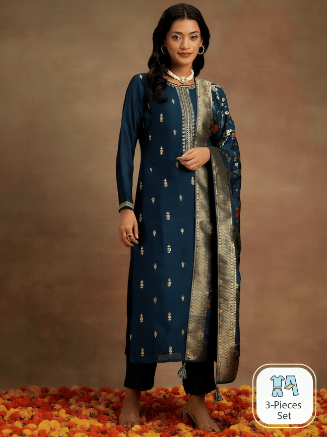 STAVROZ FASHION Women's Cotton Silk Embroidered Straight Kurti with Dupatta - ( Dark Blue ) STAVROZ FASHION Women's Cotton Silk Embroidered Straight Kurti with Dupatta - ( Dark Blue )
