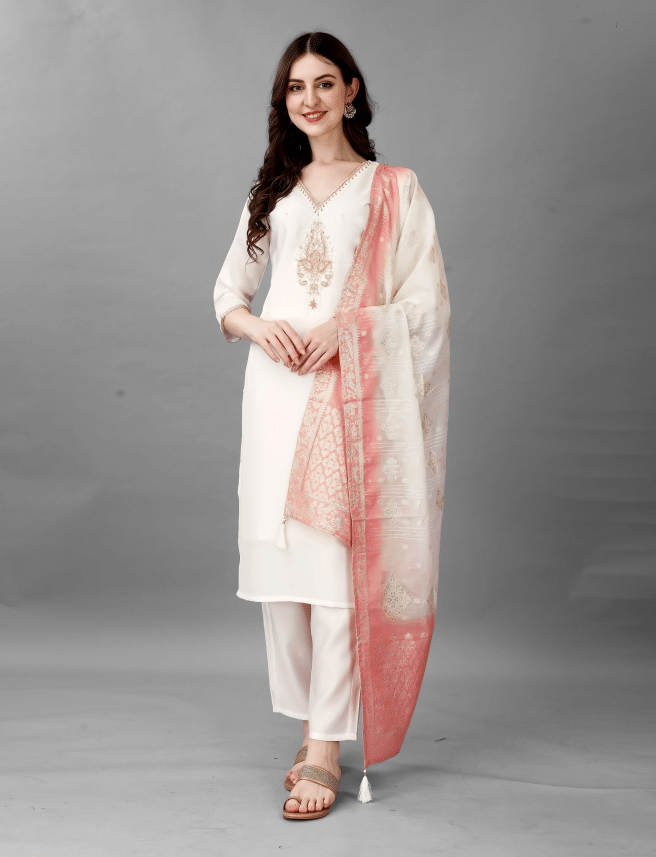     			STAVROZ FASHION Women's Cotton Silk Embroidered Straight Kurti with Dupatta - ( Cream )
