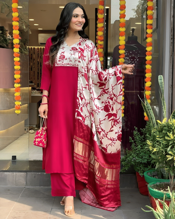     			STAVROZ FASHION Women's Cotton Silk Printed Straight Kurti with Dupatta - ( Red )
