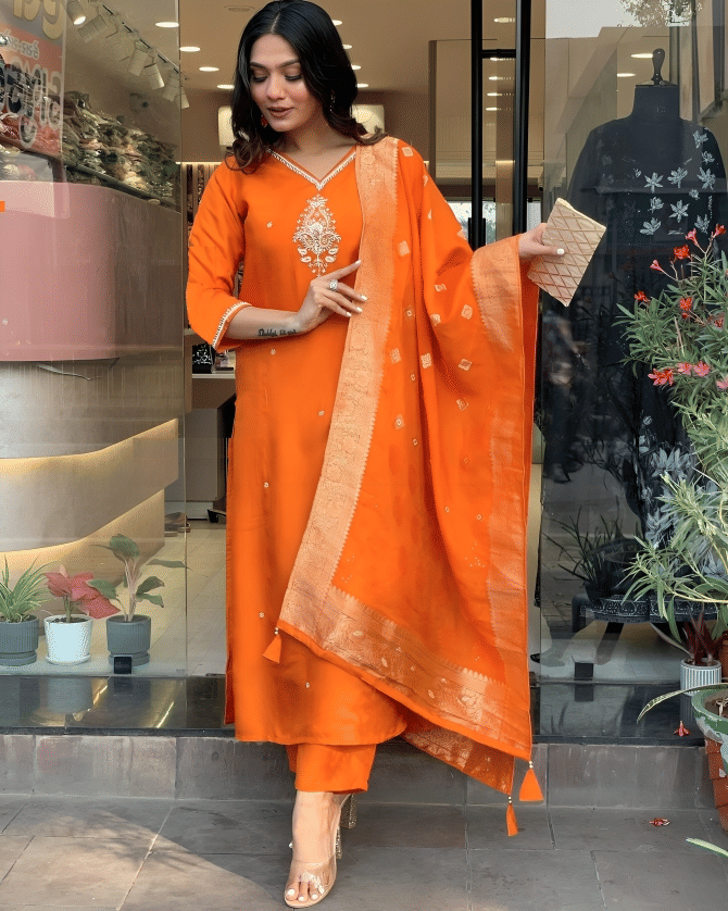     			STAVROZ FASHION Women's Cotton Silk Embroidered Straight Kurti with Dupatta - ( Orange )