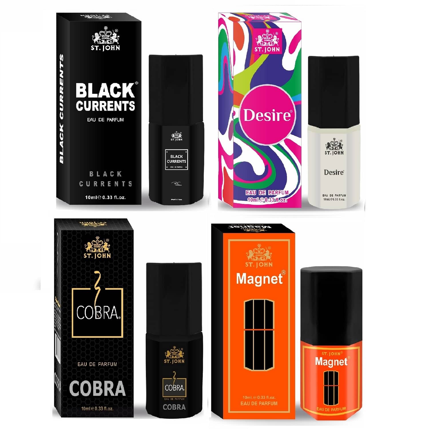 St. John Cobra, Black Current,Desire, Magnet Pocket Perfume for Men 10 ml ( Pack of 4 )