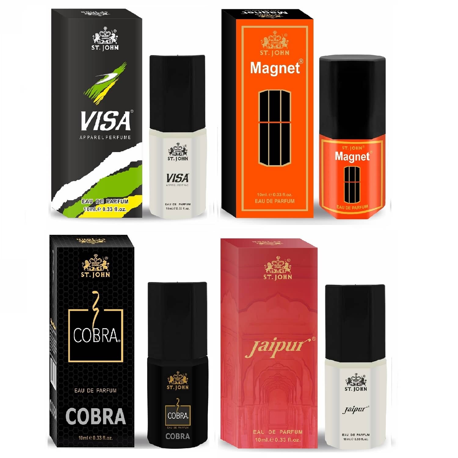 St. John Visa, Magnet, Cobra, Jaipur Pocket Perfume for Men 10 ml ( Pack of 4 )