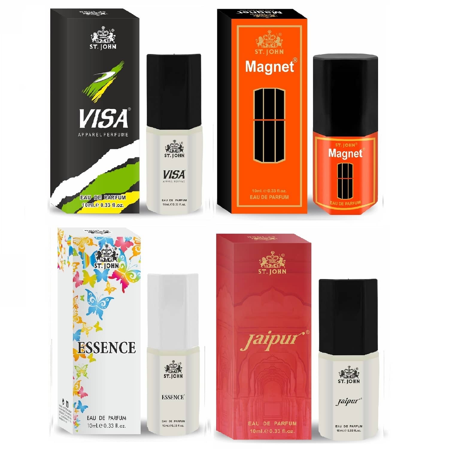 St. John Visa, Magnet, Essence, Jaipur Pocket Perfume for Men 10 ml ( Pack of 4 )