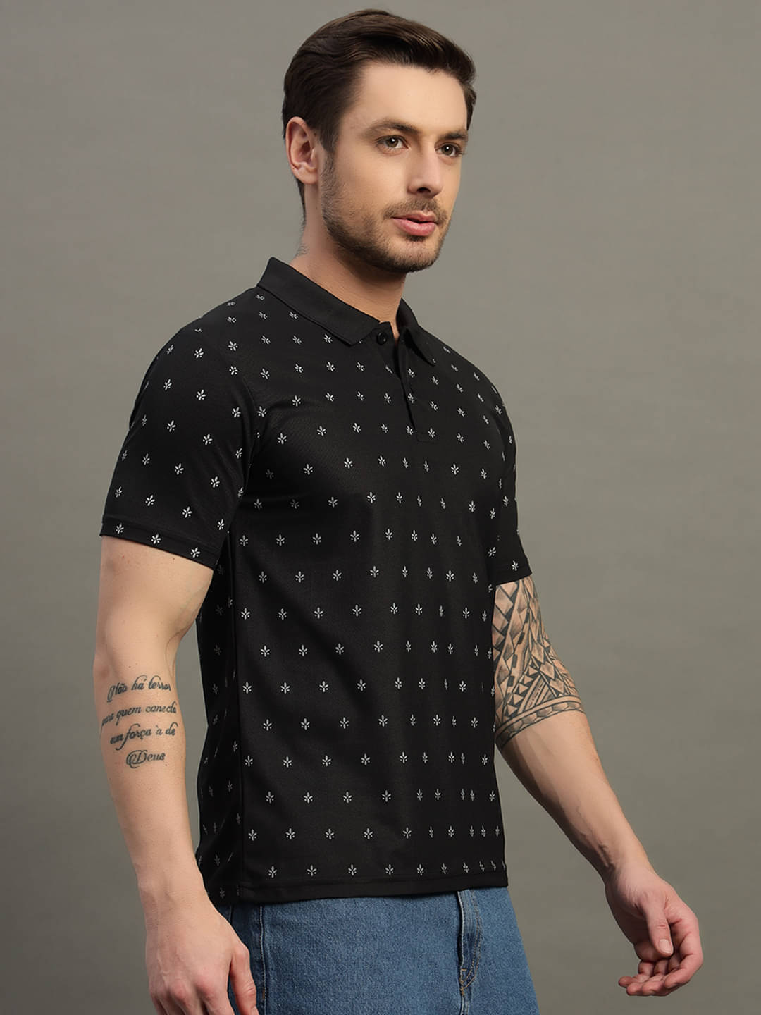 TIMBER HITCH Men Cotton Blend Regular Fit Printed Polo T Shirt ( Black )     			TIMBER HITCH Men Cotton Blend Regular Fit Printed Polo T Shirt ( Black )