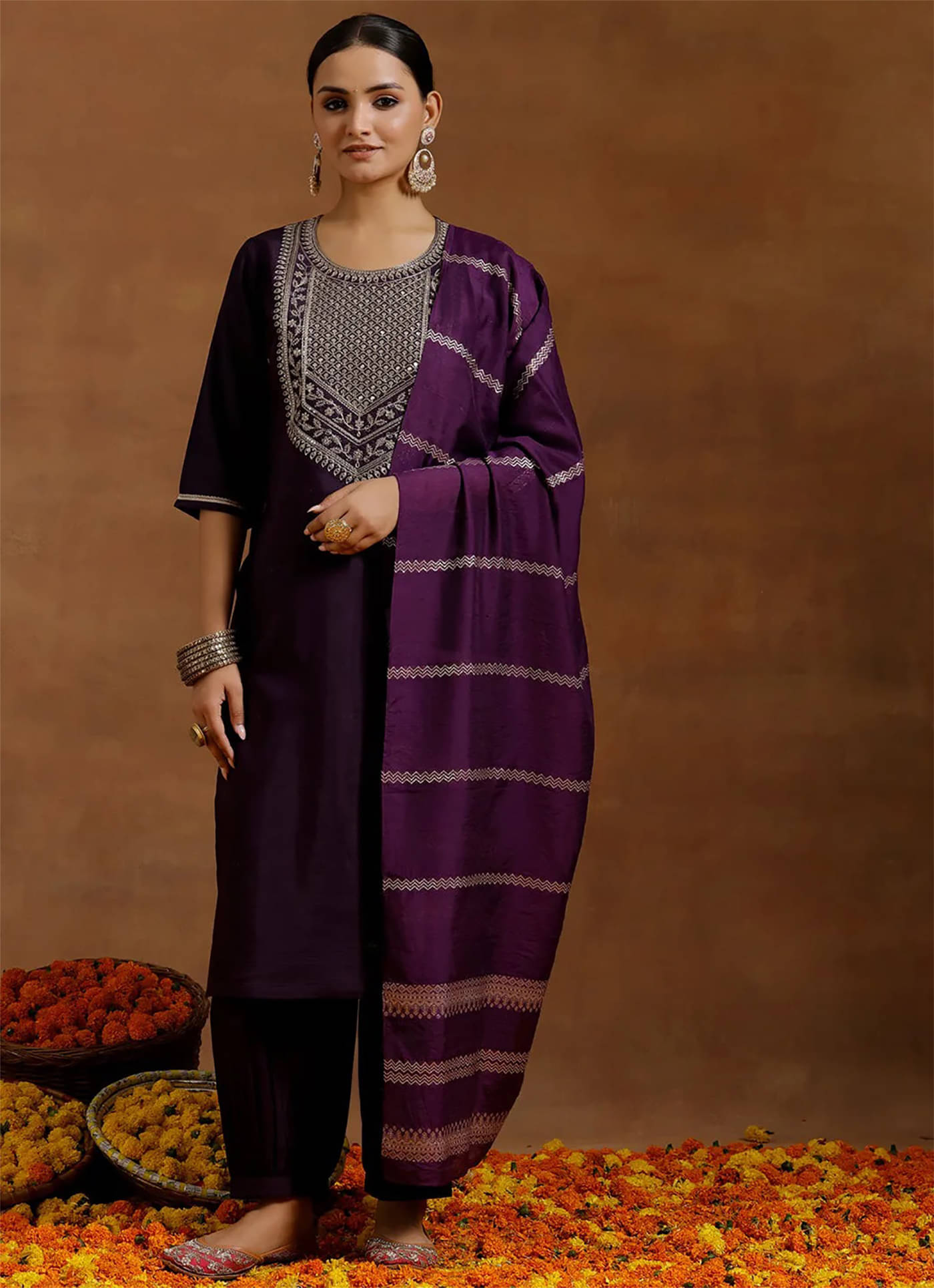     			Trijal Fab Women's Silk Blend Embellished Kurti With Pants ( Purple )