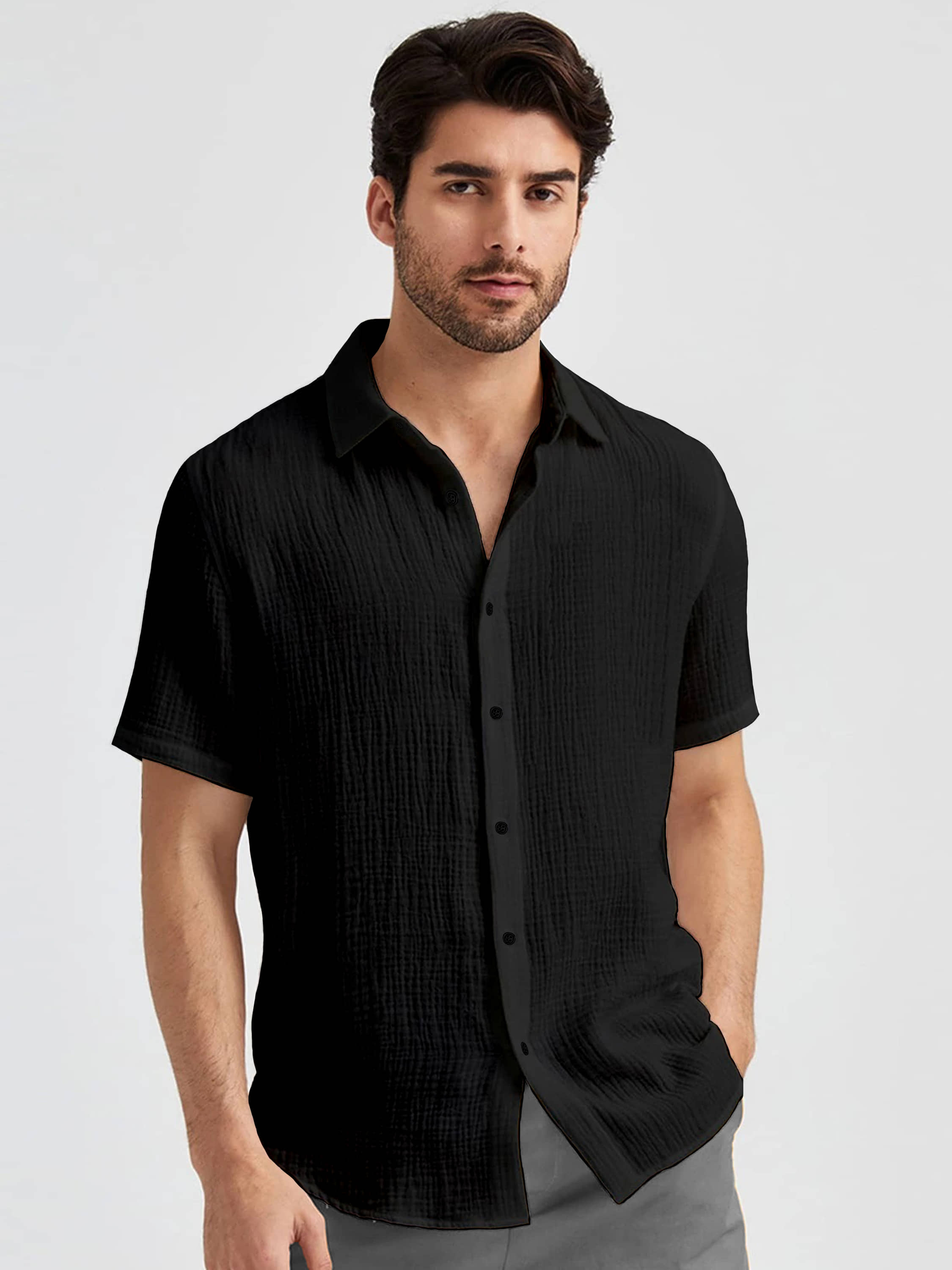 WEBRIC Poly Cotton Regular Fit Popcorn Textured Half Sleeves Men's Casual Shirt - Black ( Pack of 1 )