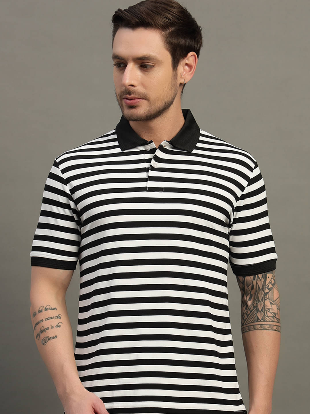     			renuovo Men Cotton Blend Regular Fit Striped Polo T Shirt ( Black )