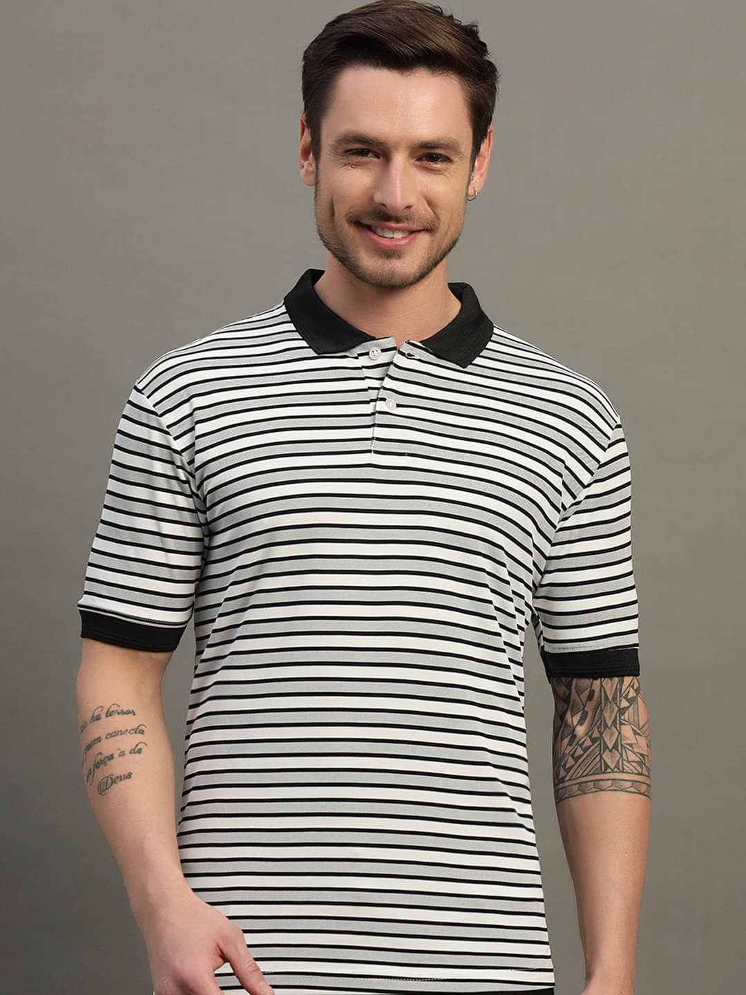     			renuovo Men Cotton Blend Regular Fit Striped Polo T Shirt ( Black )