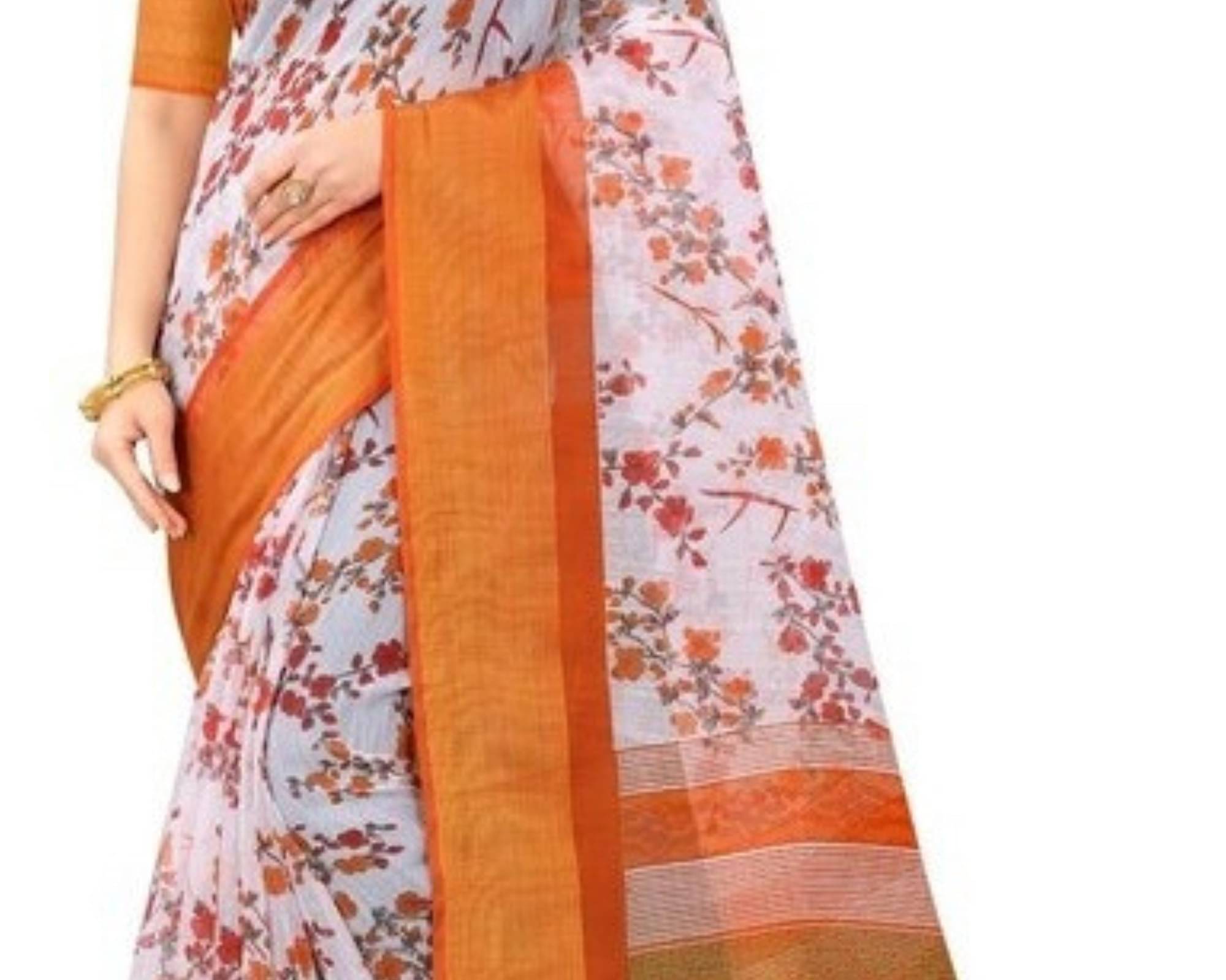 Ambe Creation Cotton Blend Printed Saree With Unstitched Blouse Piece ( Orange ) Ambe Creation Cotton Blend Printed Saree With Unstitched Blouse Piece ( Orange )