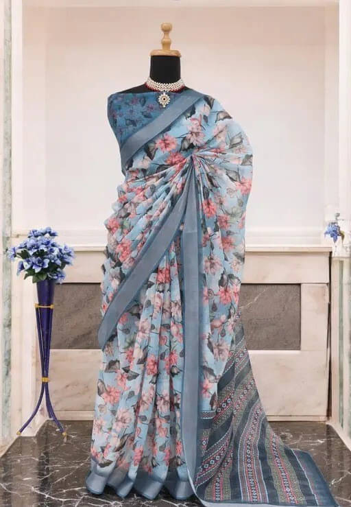     			Ambe Creation Cotton Blend Printed Saree With Unstitched Blouse Piece ( Multicolor )