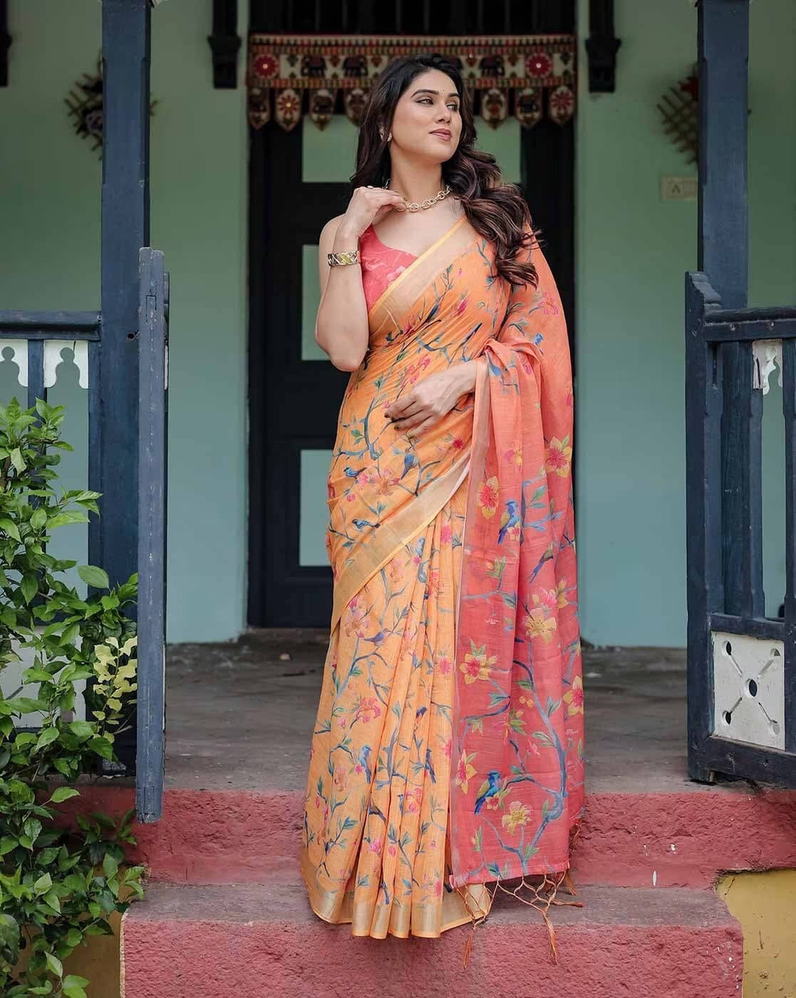     			Ambe Creation Cotton Blend Printed Saree With Unstitched Blouse Piece ( Multicolor )