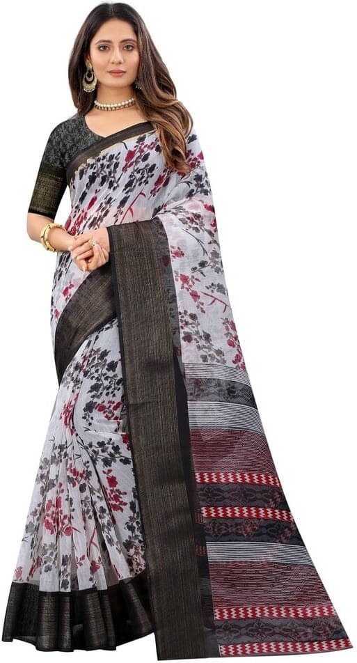     			Ambe Creation Cotton Blend Printed Saree With Unstitched Blouse Piece ( Black )