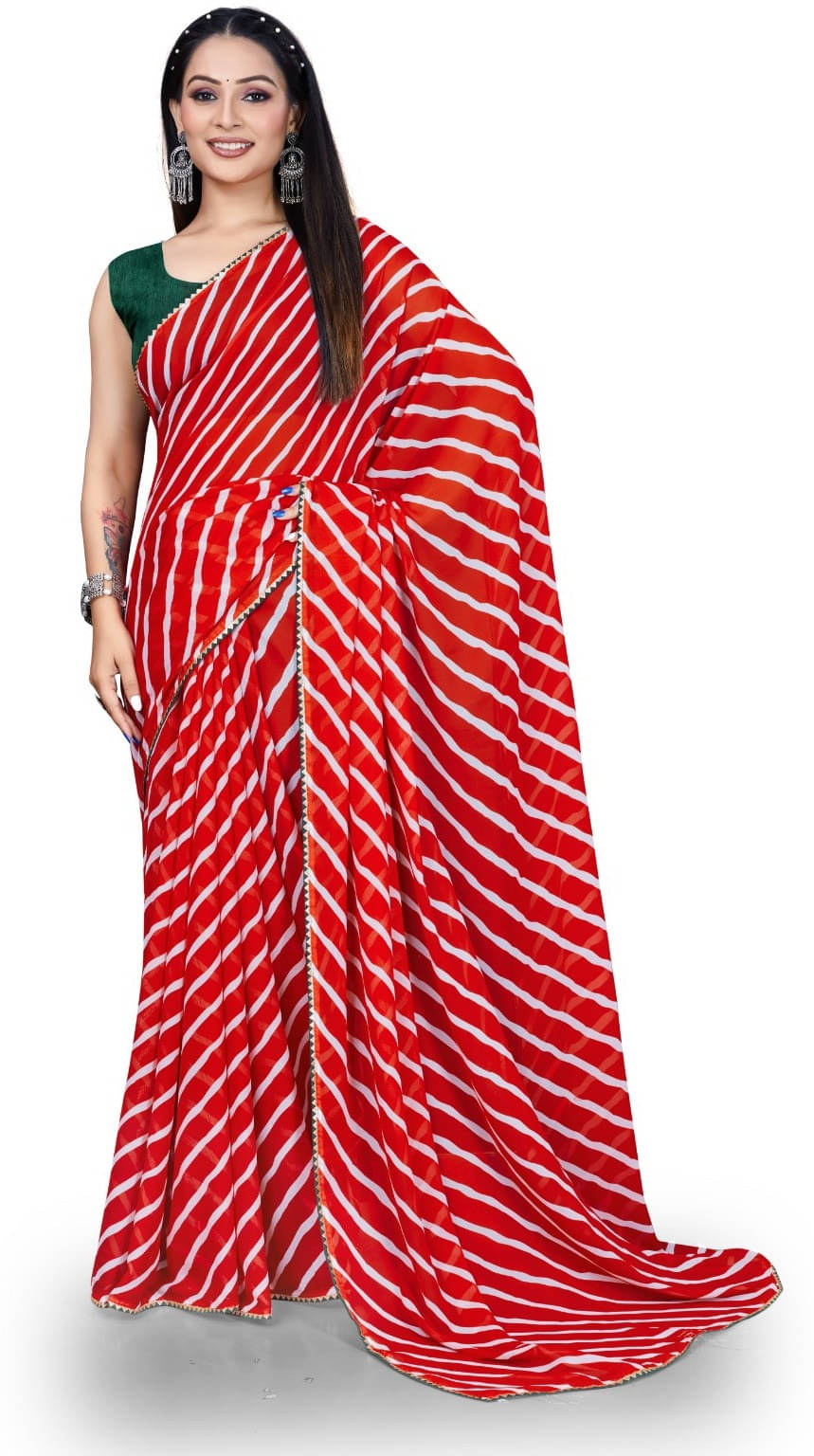     			Ambe Creation Georgette Striped Saree With Unstitched Blouse Piece ( Red )