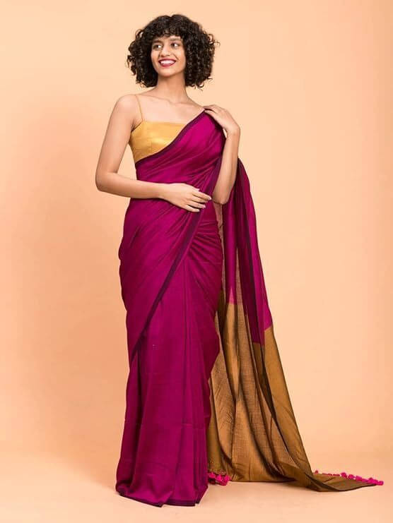     			BRYNBRIT Cotton Blend Colorblock Saree With Unstitched Blouse Piece ( Rani )