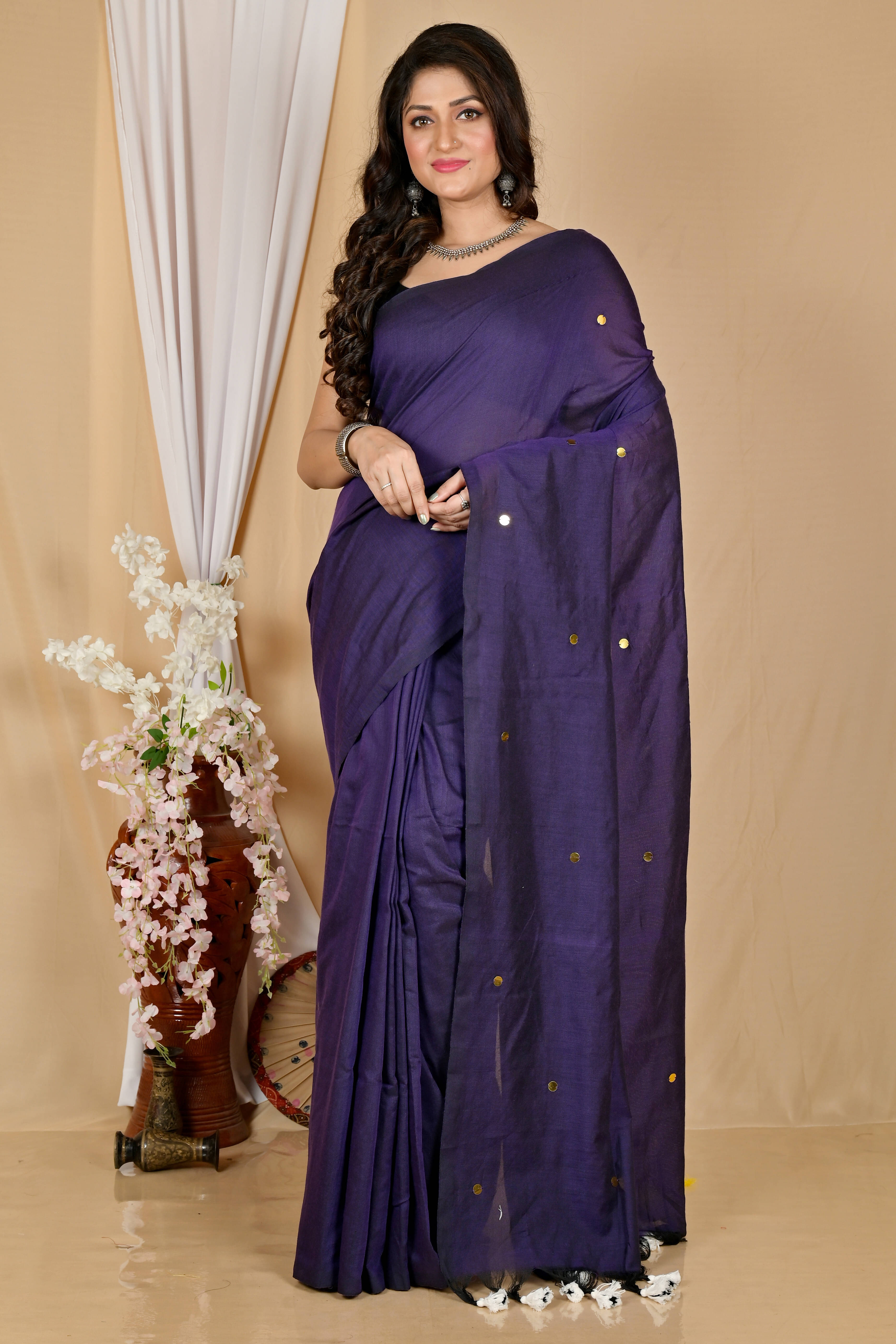     			BRYNBRIT Cotton Blend Solid Saree With Unstitched Blouse Piece ( Purple )
