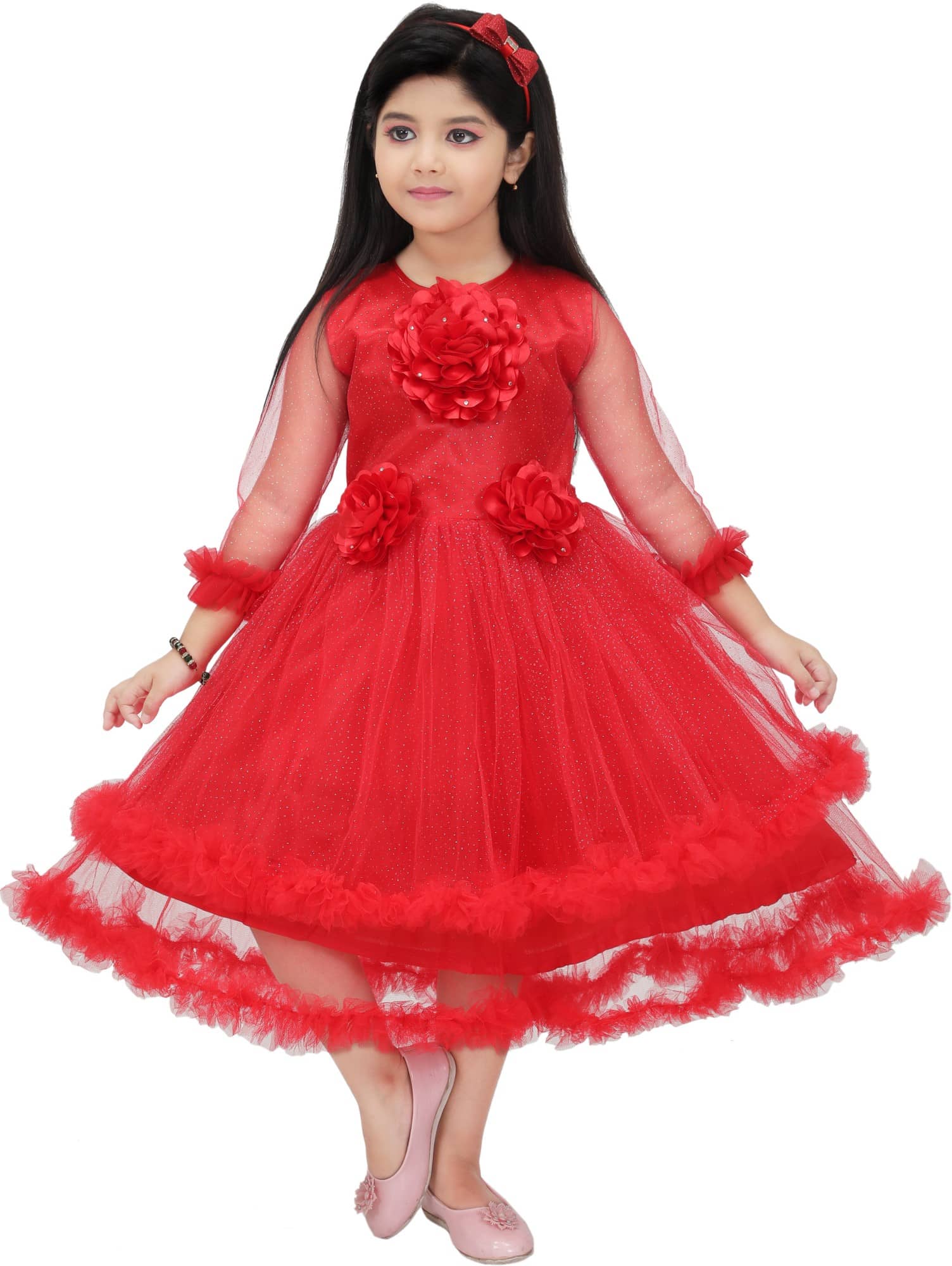 DS DRESSES Net Dress For Girls ( Pack of 1 , Red )