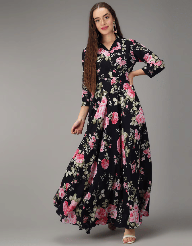     			Dressly Women's Crepe Printed A-line Dress ( Black )