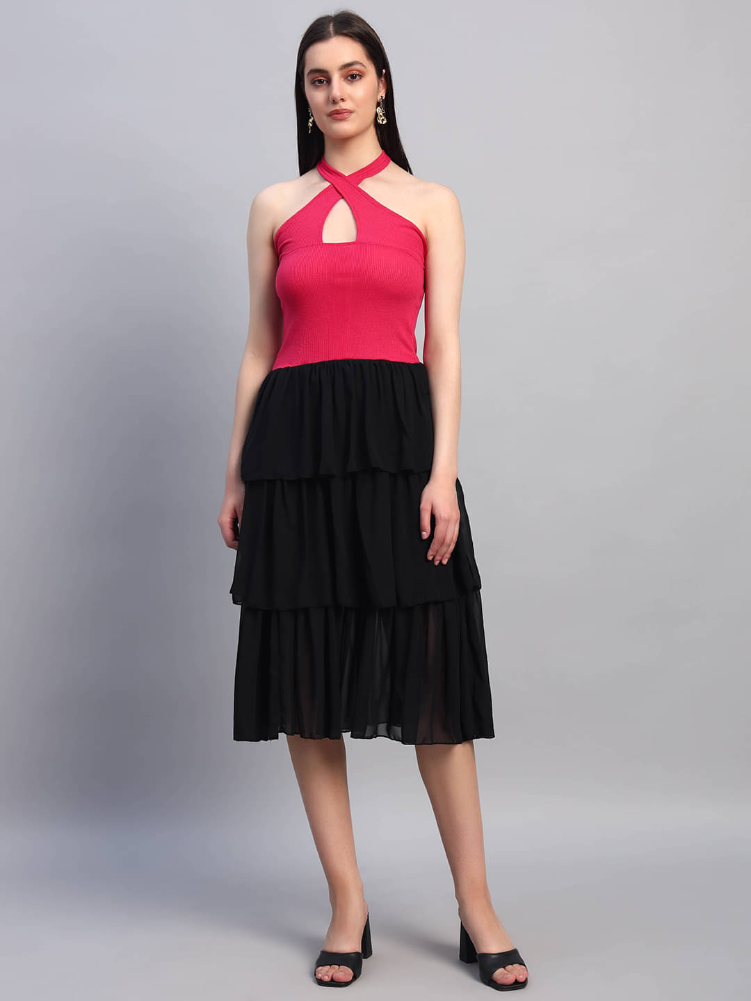     			Dressly Women's Georgette Colorblock Fit & Flare Dress ( Multicolor 1 )