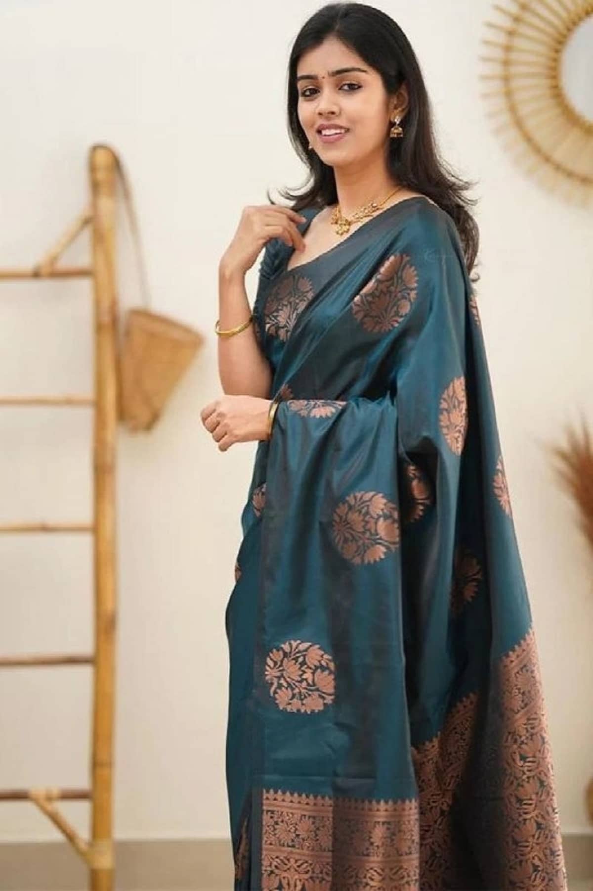 Gazal Fashions Banarasi Silk Embellished Saree With Unstitched Blouse Piece ( Teal ) - Sarees | Buy online on ZillyBuy