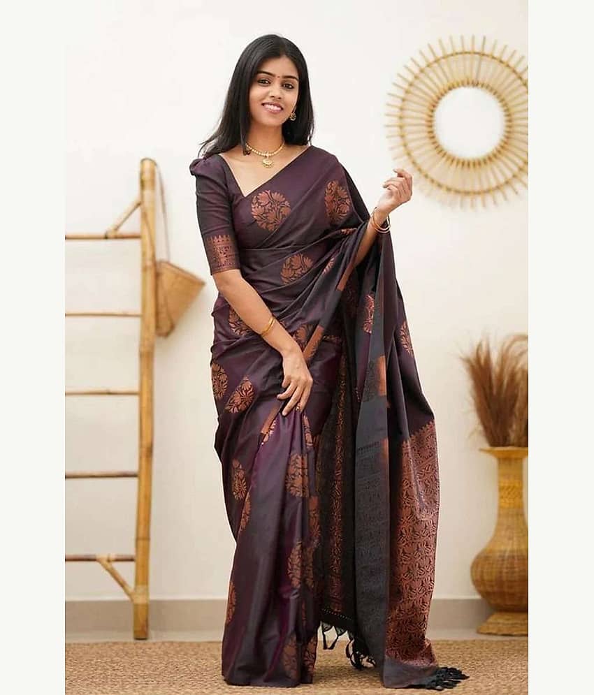 Gazal Fashions Banarasi Silk Woven Saree With Unstitched Blouse Piece ( Wine ) - Sarees | Buy online on ZillyBuy