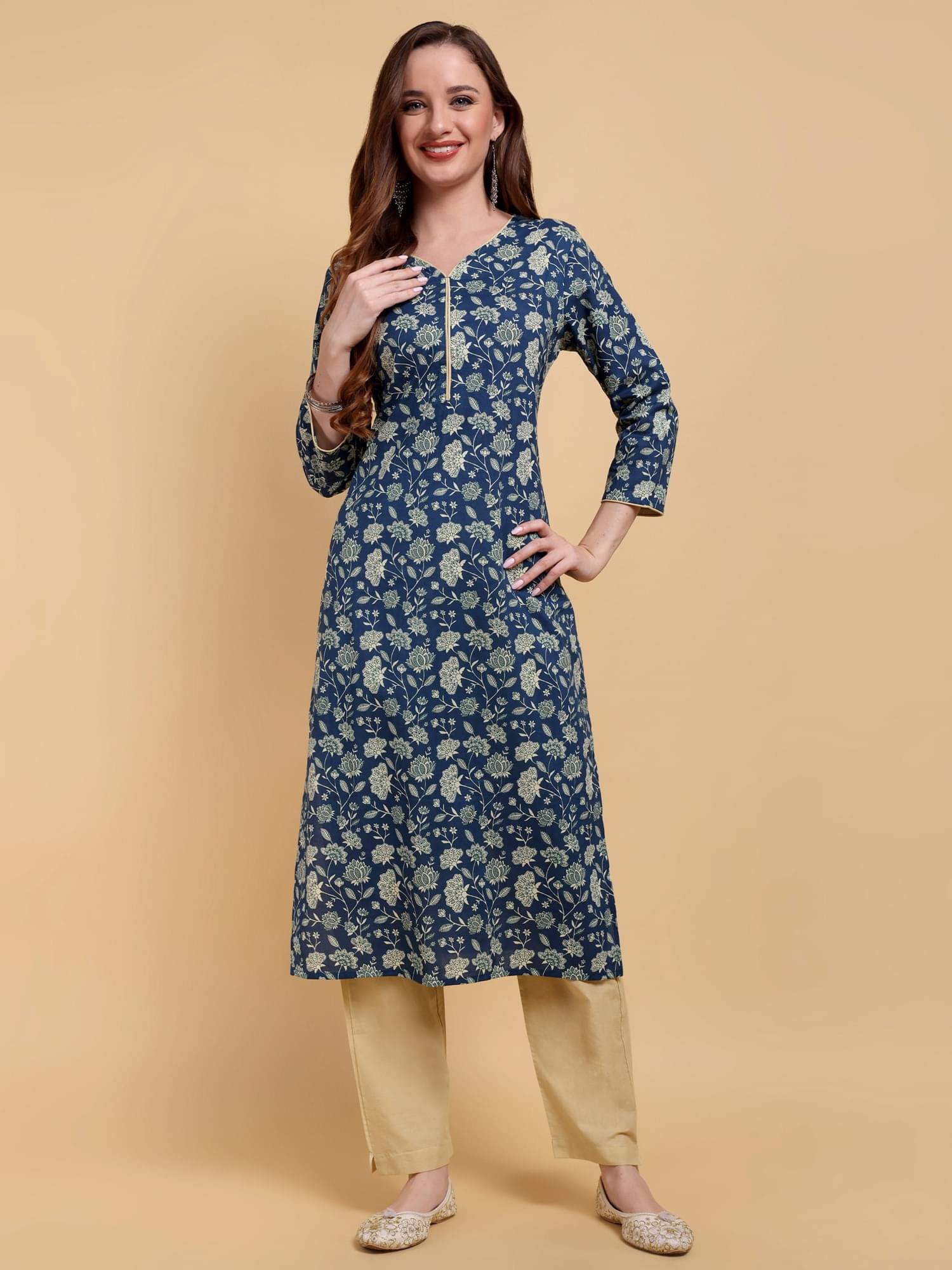     			Greyshade Women's 100% Cotton Printed Straight Kurti - ( Blue )