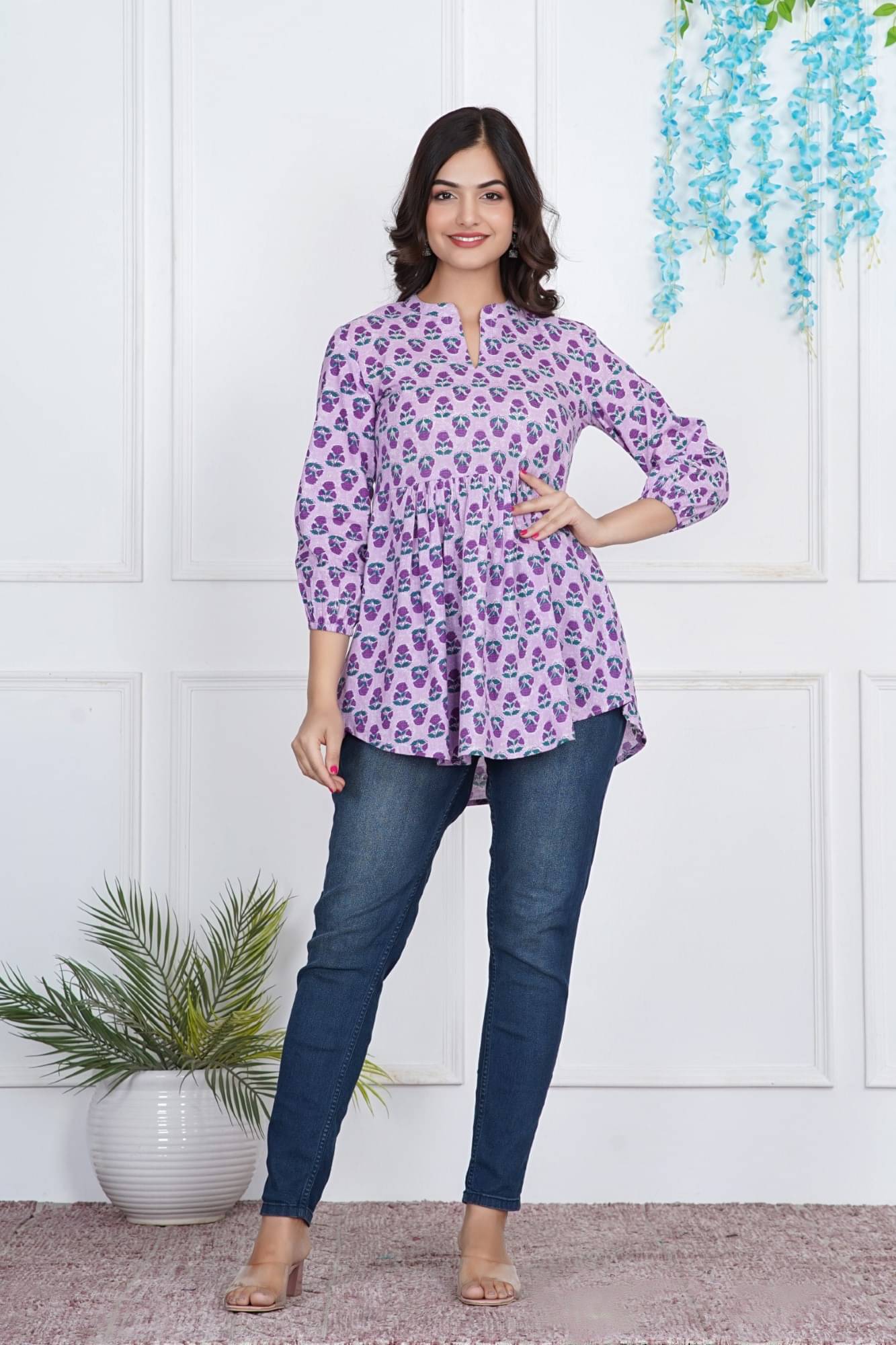     			Greyshade Women's 100% Cotton Printed Flared Kurti - ( Purple )