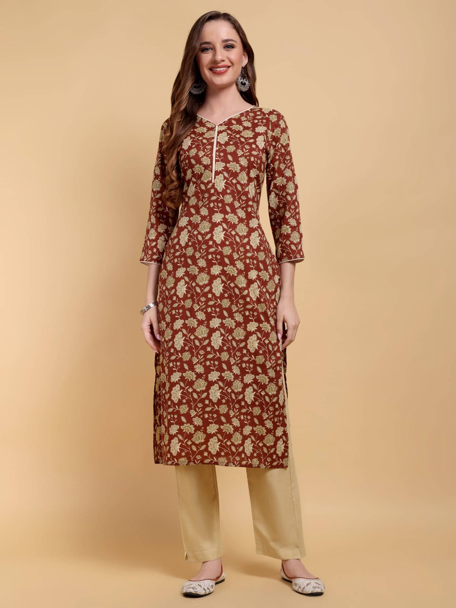 Greyshade Women's 100% Cotton Printed Straight Kurti - ( Brown ) Greyshade Women's 100% Cotton Printed Straight Kurti - ( Brown )