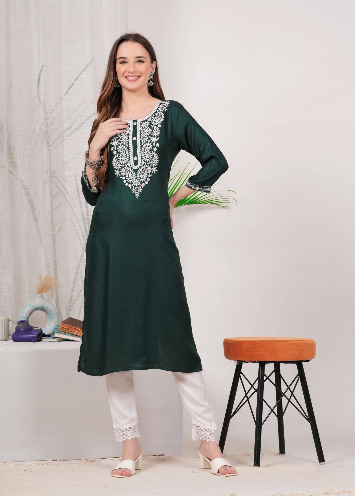     			Greyshade Women's Viscose Rayon Embroidered Straight Kurti - ( Dark Green )